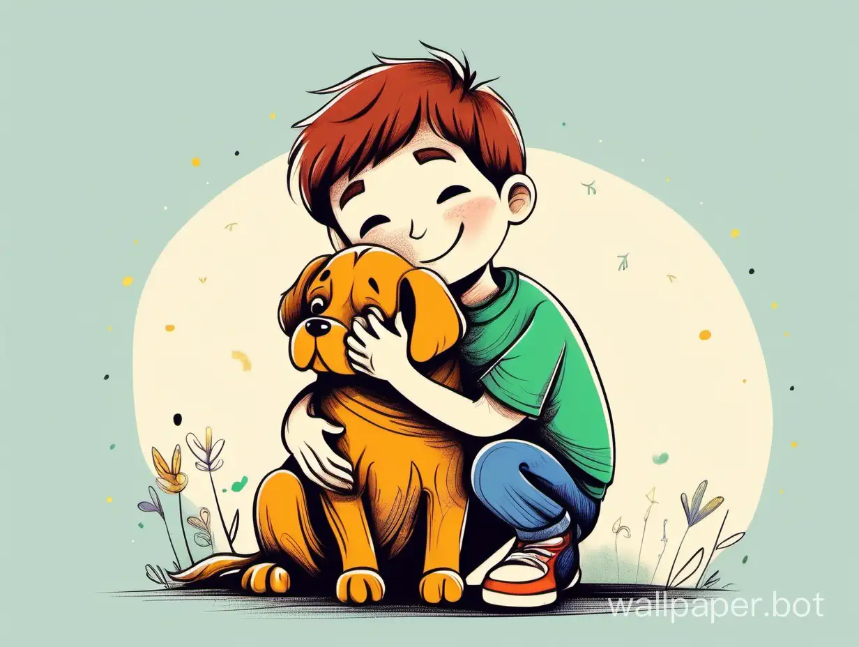 boy hugs a dog, colorful drawing