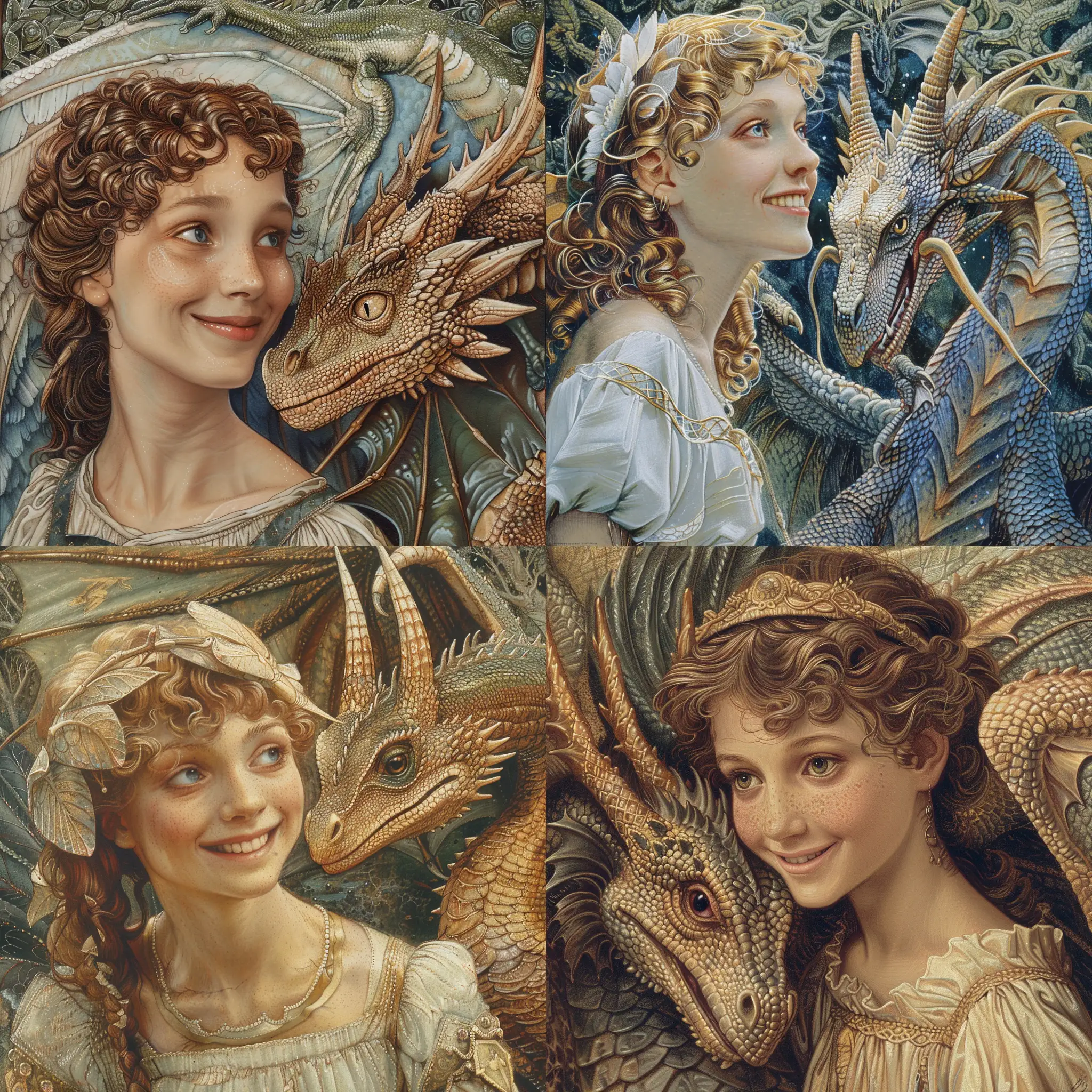 A  highly detailed image of a beautiful angel  smiling at her dragon  companion. Magical fantasy otherworldly mysterious etheral highly detailed. Pre Raphaelite 