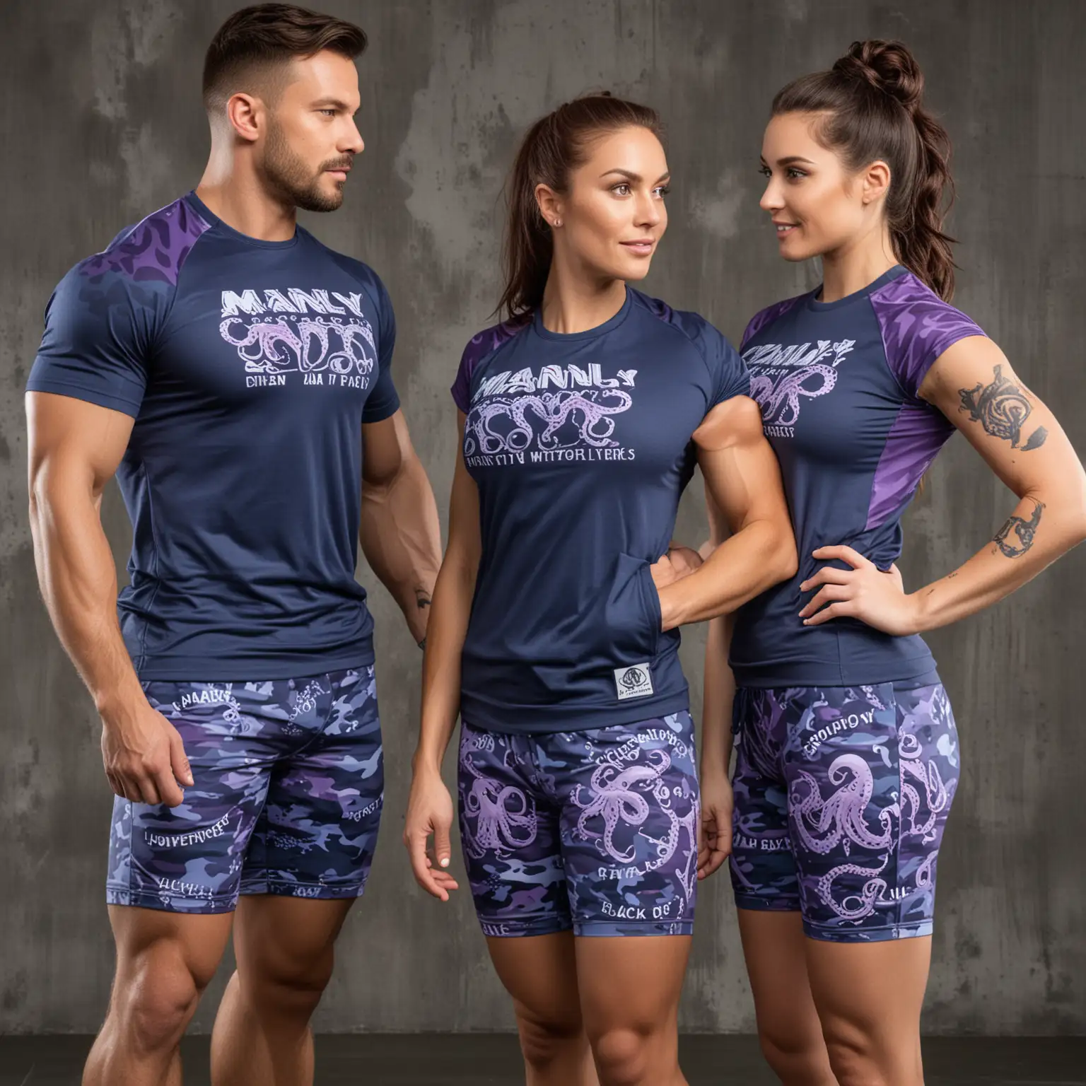 Manly Gym workout shirts and tops with matching shorts or joggers. With octopus logo, motivational phrase imprints in steel blue and violet blue camouflage color pattern worn by male and female body builders. 