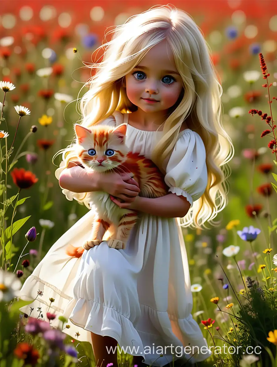 a little girl with long blonde hair in white dress holds the Earth in wildflower field and a red kitten plays