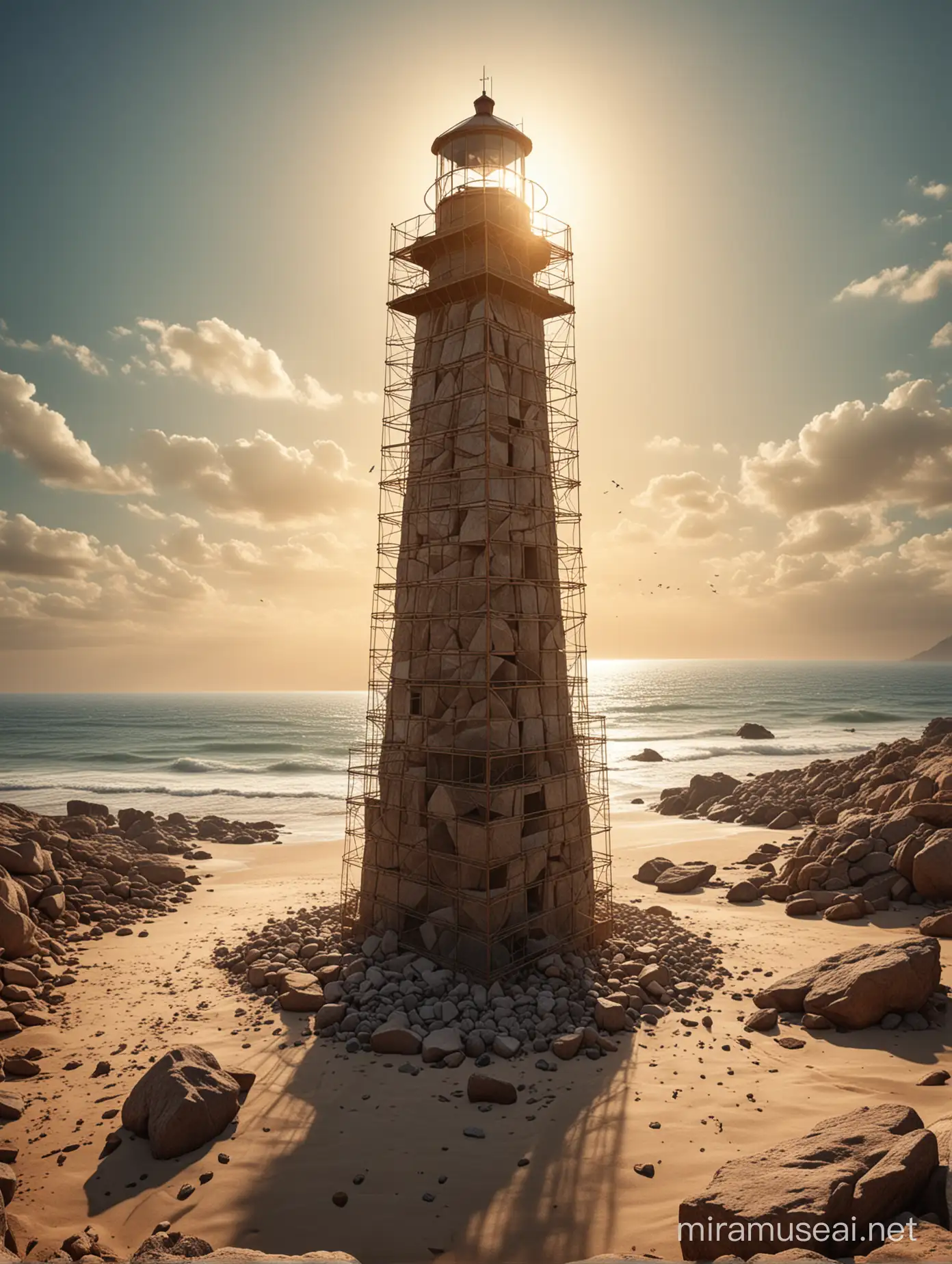 Desert Lighthouse Wireframe Tower with Sunset and Sea Mystique