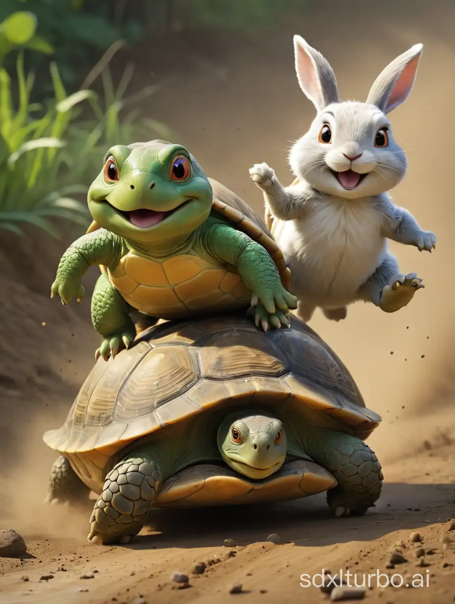 A simple-minded turtle and a proud rabbit are racing, and the turtle reached the finish line first.