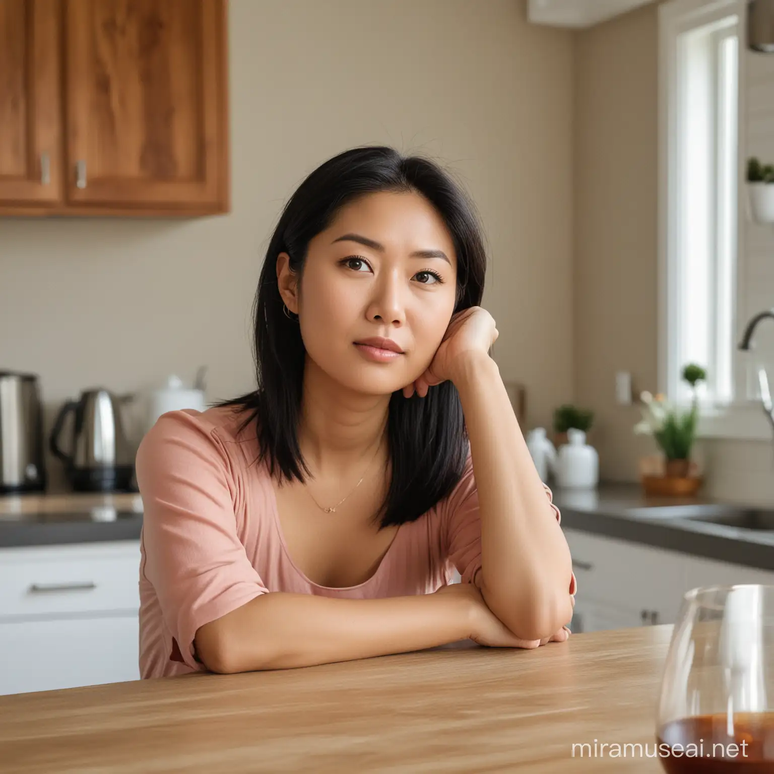 The same attractive asian woman is sitting at her kitchen table in contemplation and realizes that she needs to make a big change in her life. She is ready to act.
