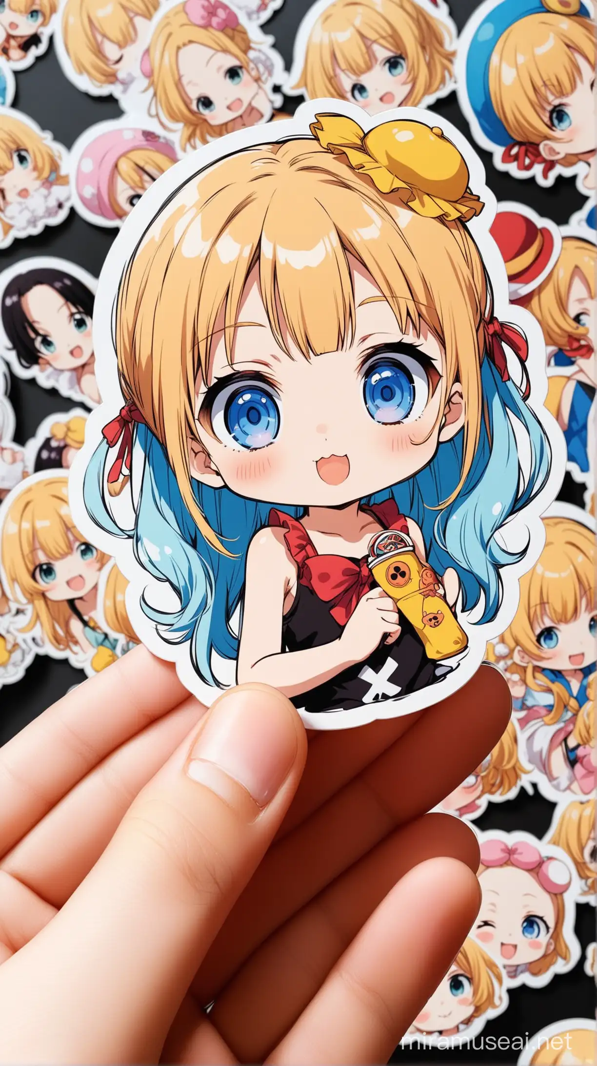 cute little anime girl with one piece series vibes fan in sticker format 