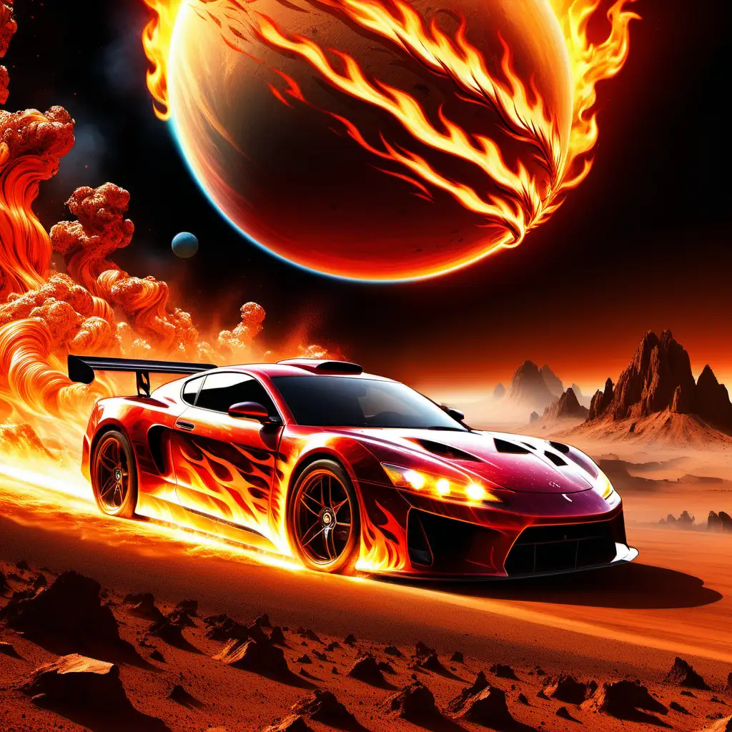 Futuristic Racing Car with Fiery Trails on an Alien World
