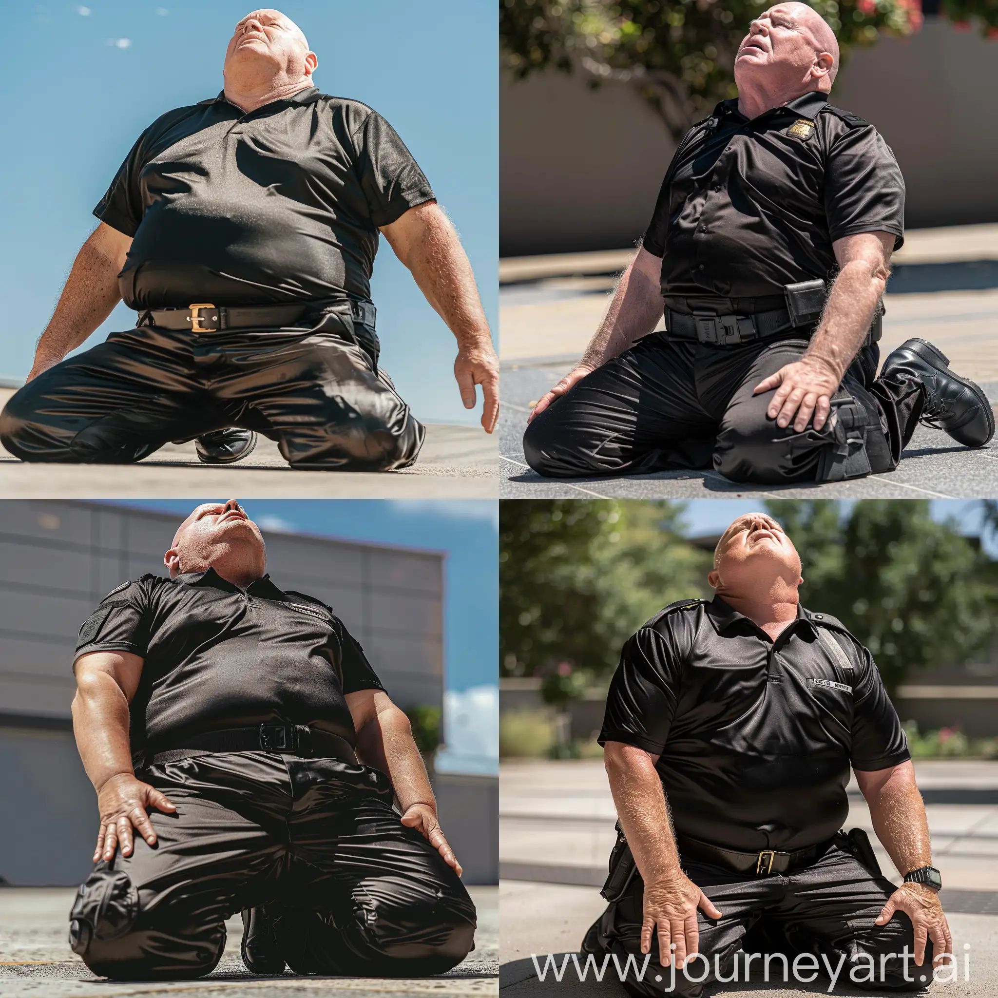 Close-up photo of a very fat man aged 70 wearing silk black security guard battle pants and a tucked in black silk sport polo shirt. Tactical belt and boots. Falling on the ground on his knees. Looking at the sky. Swelling out his chest. Outside. Natural light. Bald. Clean Shaven. --style raw --ar 1:1