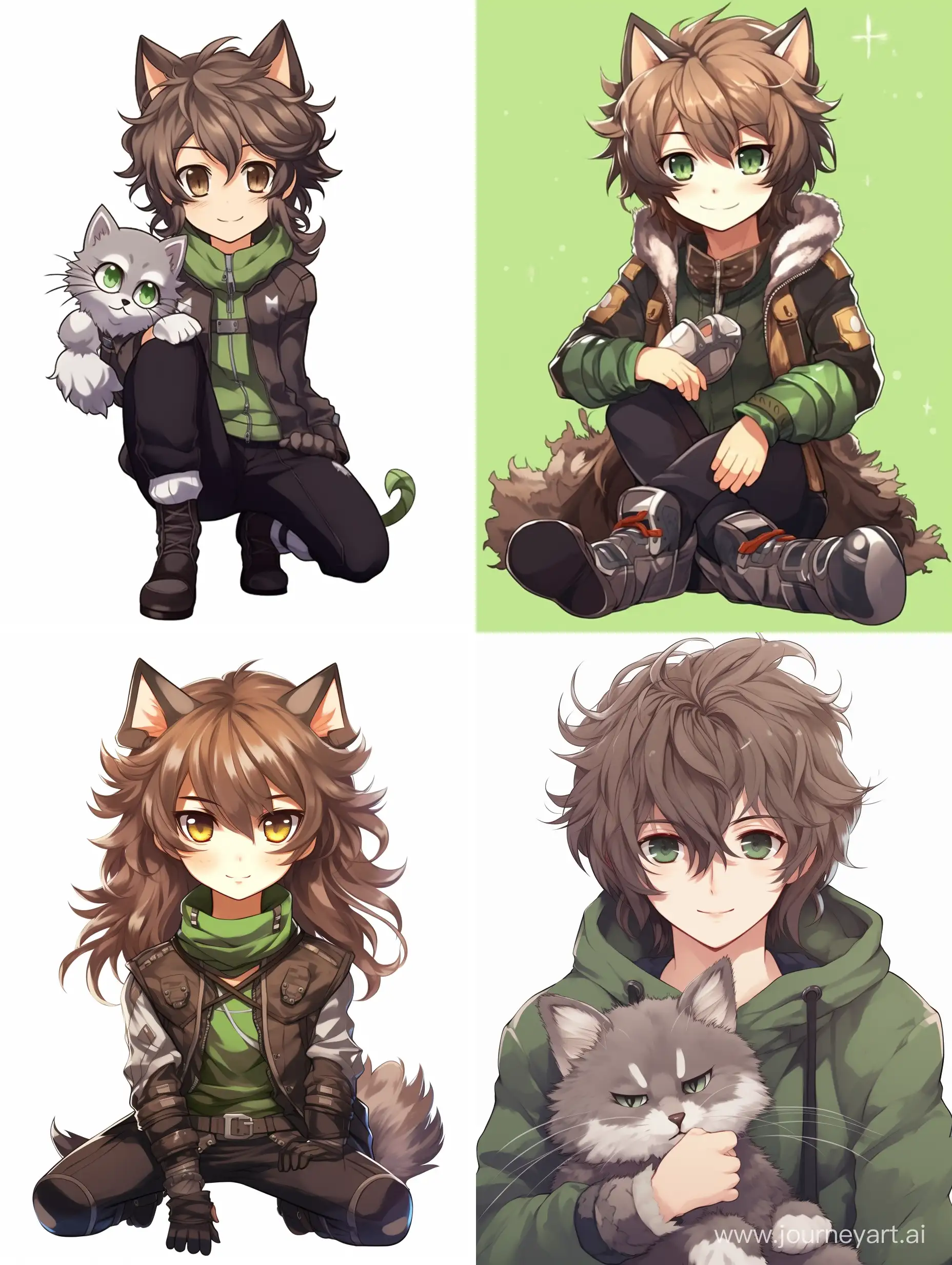 boy, brown long hair, brown cat ears with green fluff inside, green eyes, gray T-shirt on top, gray biker gloves, green fluffy fox tail, flat background, full body, anime, one creature
