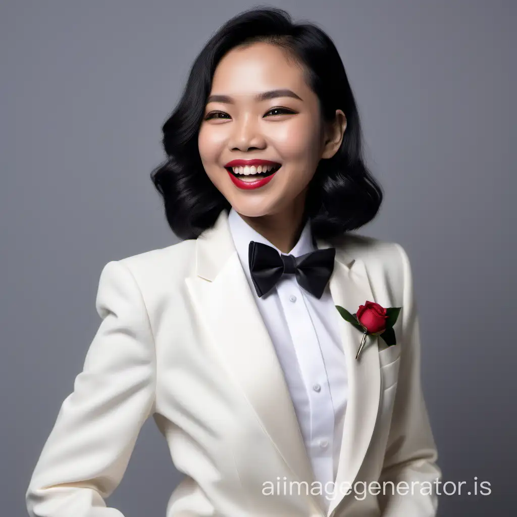 smiling and laughing malaysian woman with shoulder length hair and lipstick wearing an ivory tuxedo with a white shirt and a black bow tie
