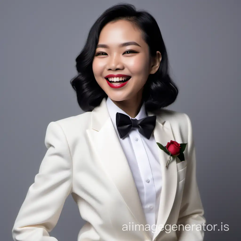 Joyful-Malaysian-Woman-in-Elegant-Ivory-Tuxedo-with-Black-Bow-Tie