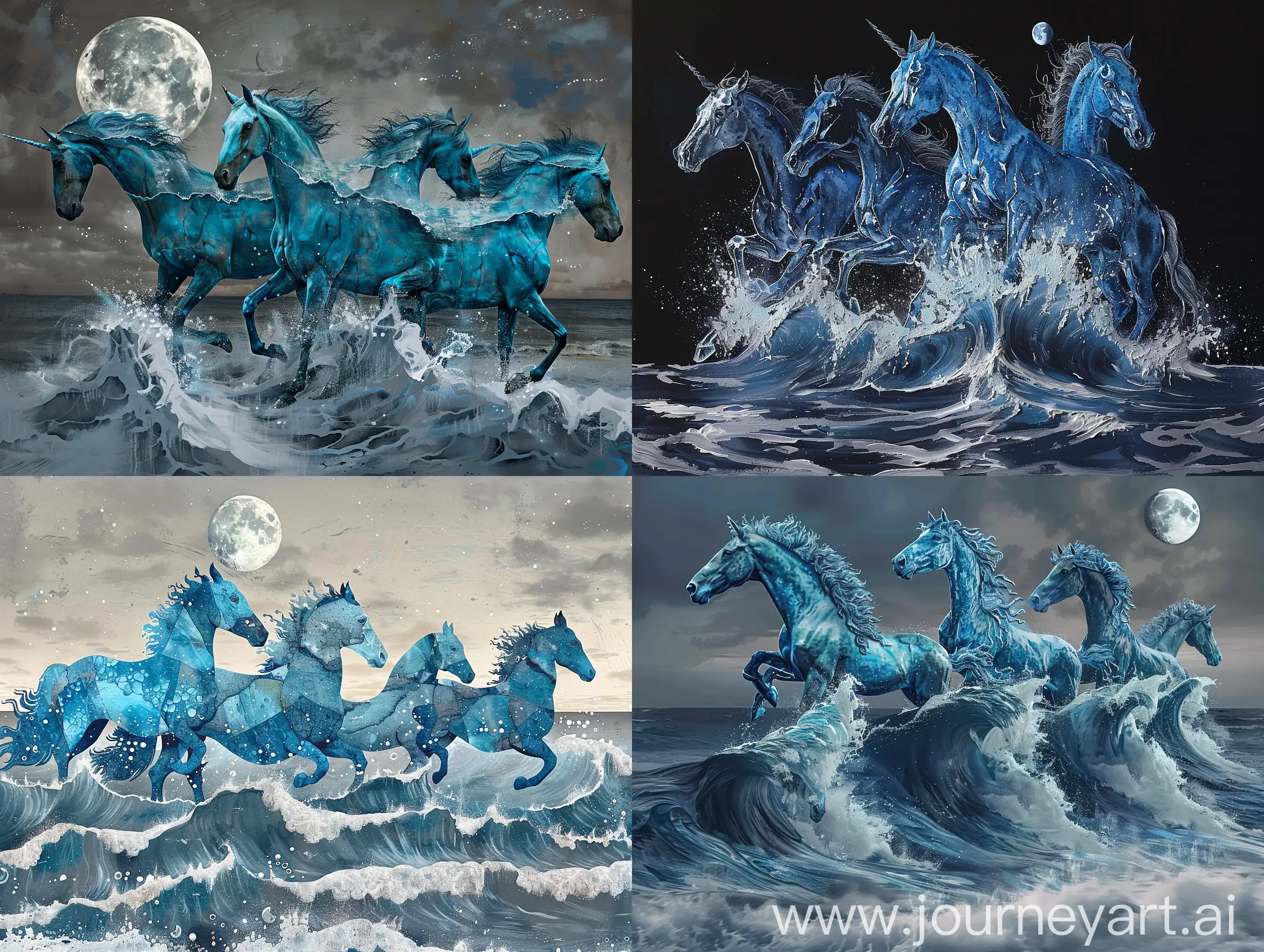 Blue horses in differents values shaped as ocean waves in a calm complementary color and grey shades ridin to the moon in a disrupted realism style