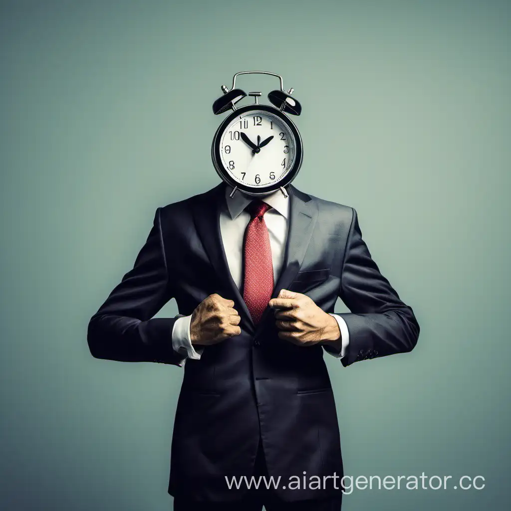 a man who has an alarm clock instead of a head and is wearing a suit
