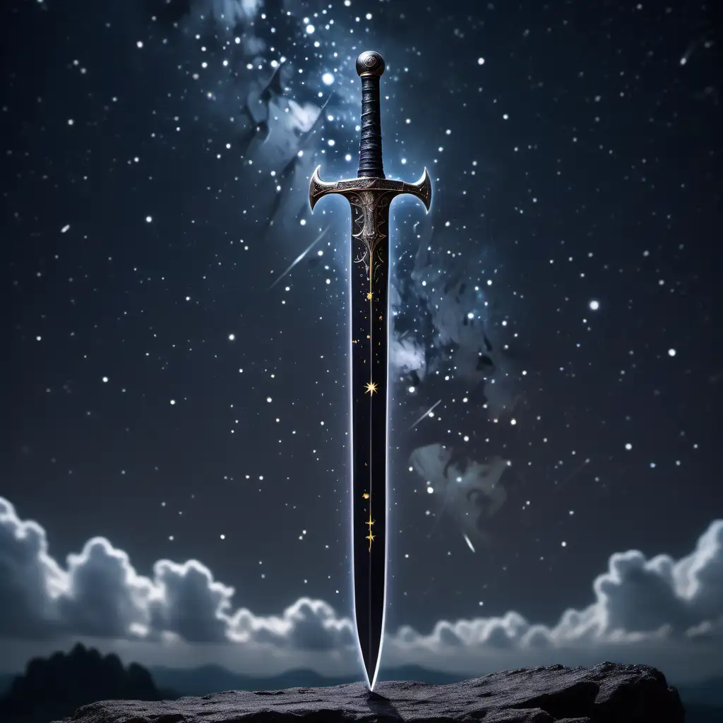 A smooth black sword with the constellations of the night sky moving on its surface and no handle guard