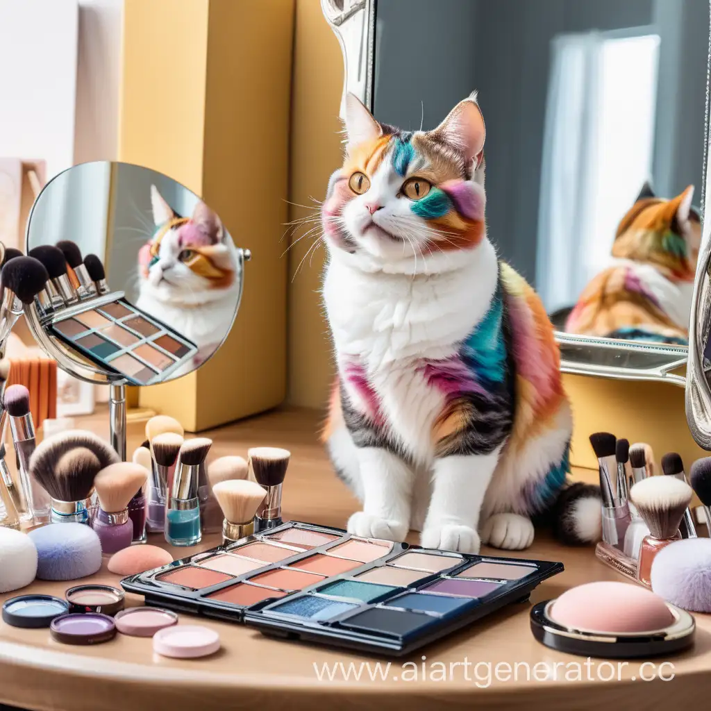 Жизнерадостная разноцветная кошка сидит на столике, на туалетном столике стоят стопки палеток для лица, кошка смотрит на палетки для лица и в свое отражение в зеркале 