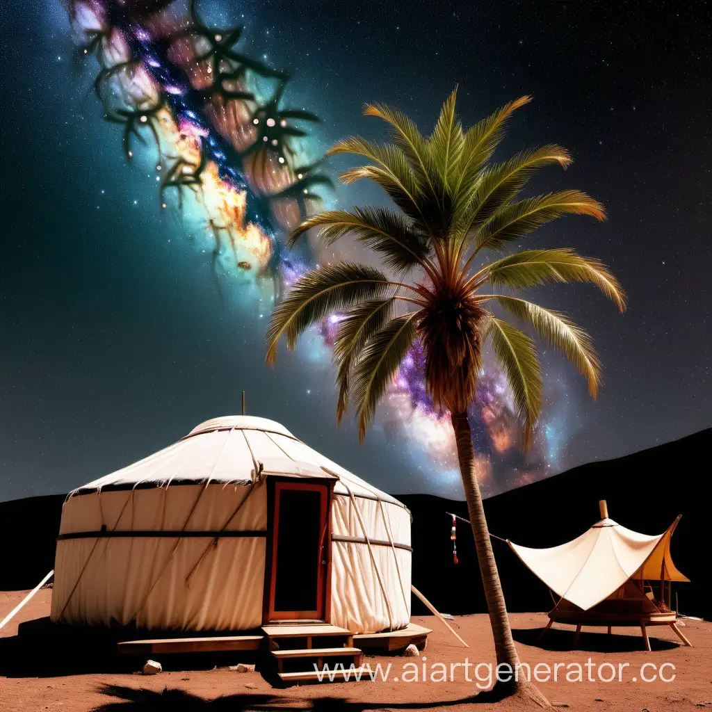 Space-Travel-Boat-with-Palm-Tree-Floating-Above-a-Yurt