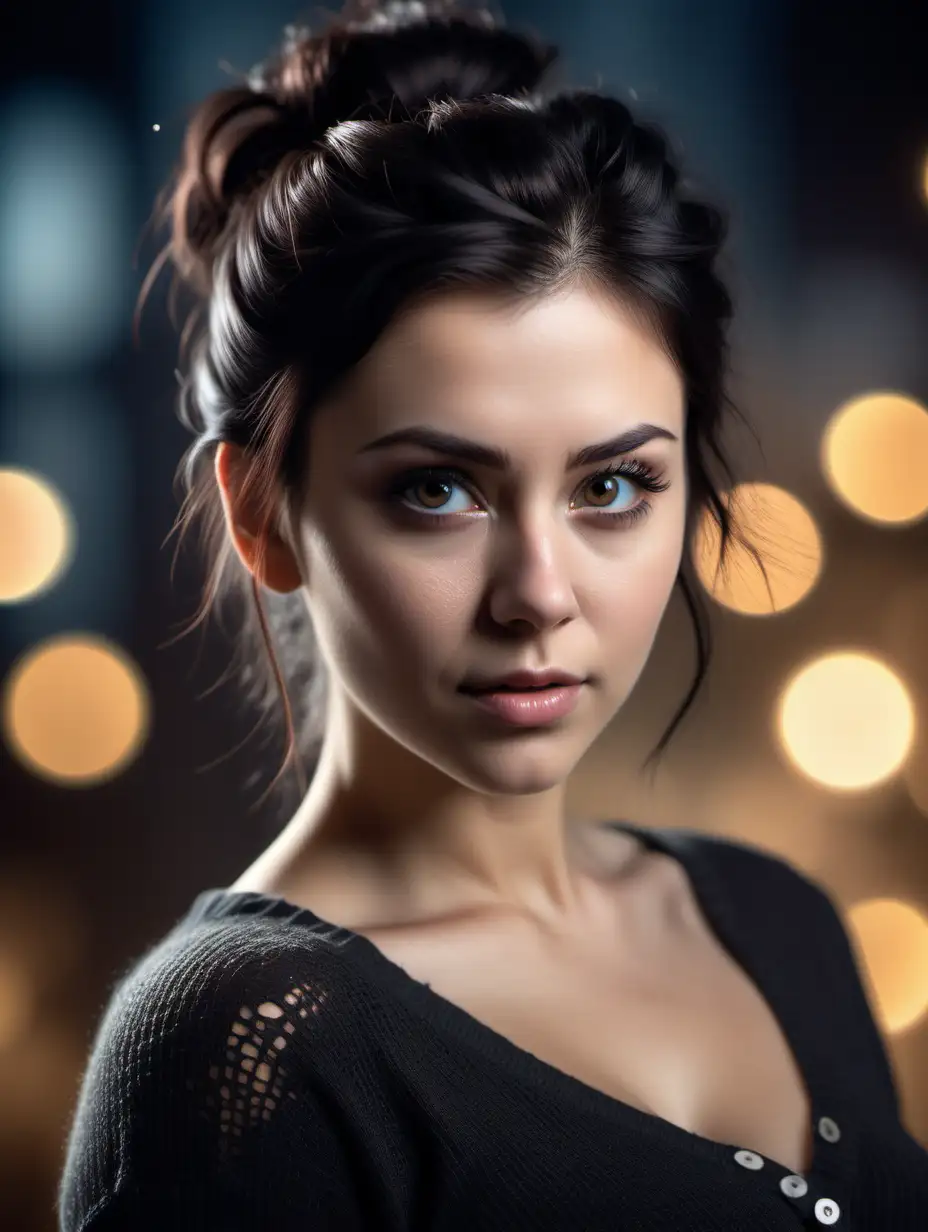 Beautiful Nordic woman, very attractive face, detailed eyes, big breasts, slim body, dark eye shadow, messy black hair in an updo, wearing a Button Up Rib-Knit cotton Tee, close up, bokeh background, soft light on face, rim lighting, facing away from camera, looking back over her shoulder, photorealistic, very high detail, extra wide photo, full body photo, aerial photo