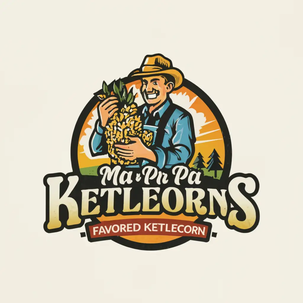 a logo design,with the text "Ma & Pa Kettle’s Flavored Kettlecorn", main symbol:Farmer holding popcorn,Moderate,be used in Restaurant industry,clear background