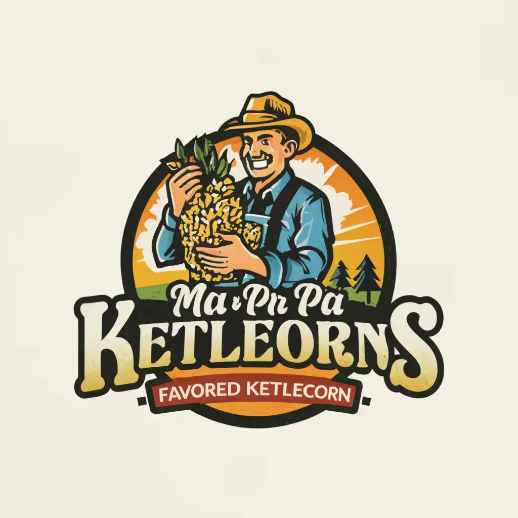 LOGO-Design-for-Ma-Pa-Kettles-Flavored-Kettlecorn-Farmer-Holding-Popcorn-Concept