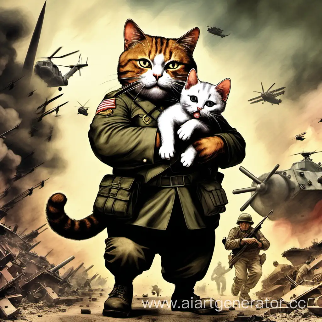 Толстый кот несёт на руках котёнка на фоне войны