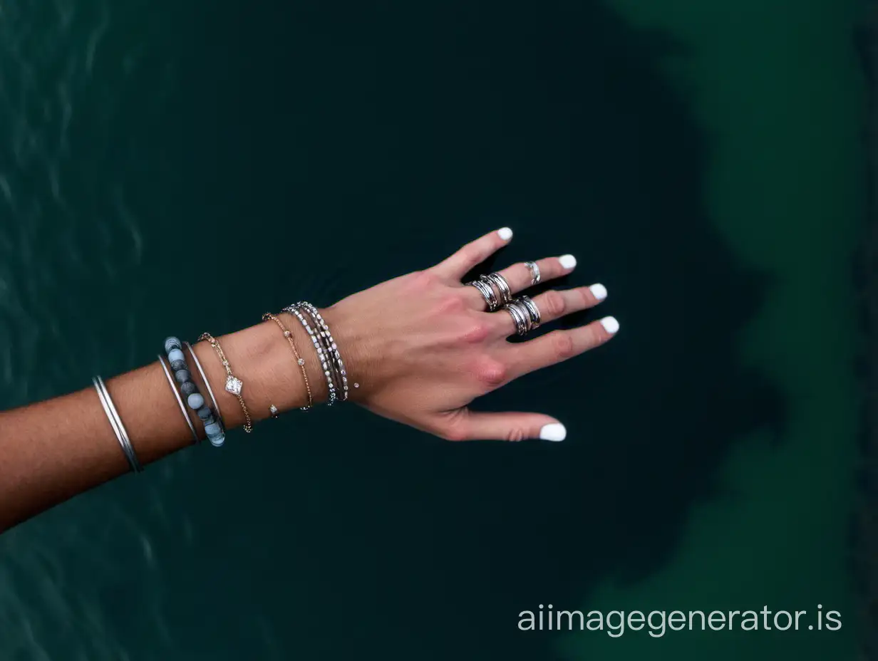 hands with bracelet and rings touching the water