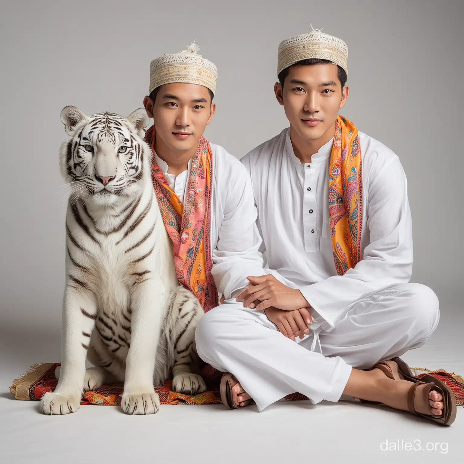 seorang laki-laki tampan Asia korea memakai kurta putih scarf kaffiye di padukan dengan celana pendek dan sandal duduk bersama dengan anak harimau putih lucu yang mengenakan pakaian tradisional Muslim, tertangkap dalam sebuah foto dengan warna yang cerah dan detail yang tajam, pose yang lucu, Canon EOS 5D Mark IV, potret studio, fotografi hewan peliharaan yang menggemaskan