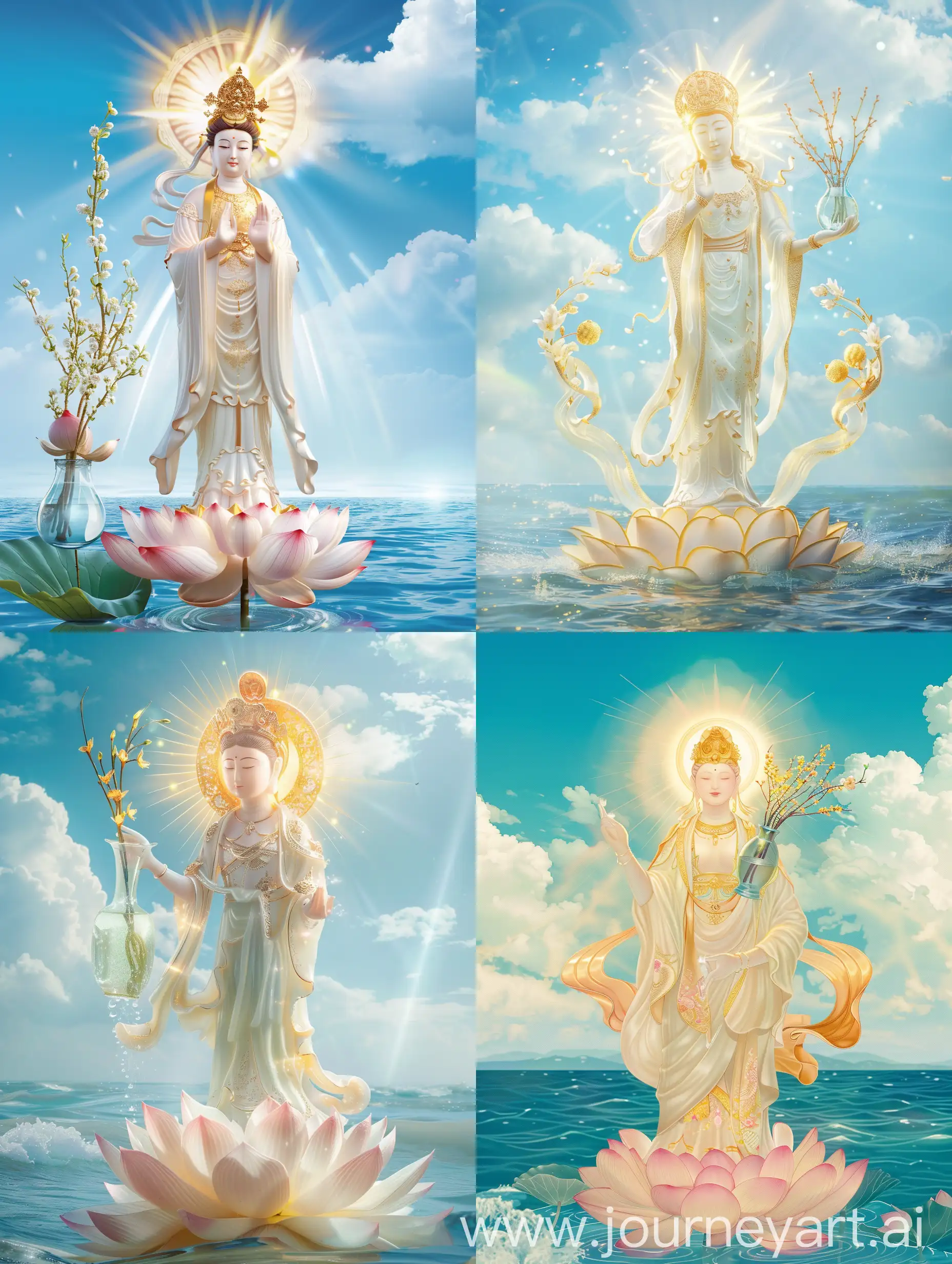 头后金色佛光的观世音菩萨，站在海面的莲花上，一只手持插柳枝条的净水瓶，一只手合十，背后蓝天白云，
