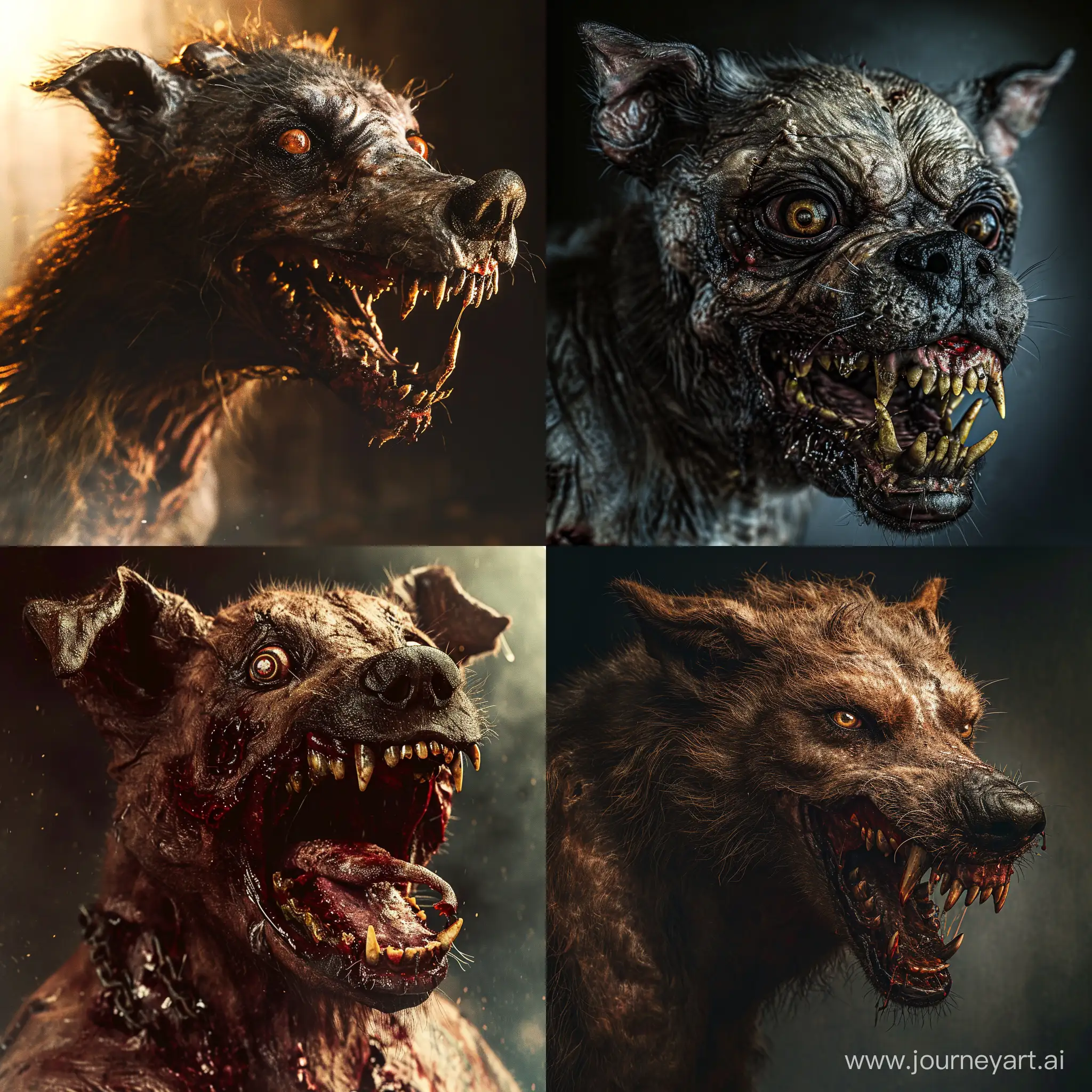 photorealistic high detail of a hell hounds, unhinged, psychotic, Shot on Nikon zóii with 35mm at f/1.4 aperture
