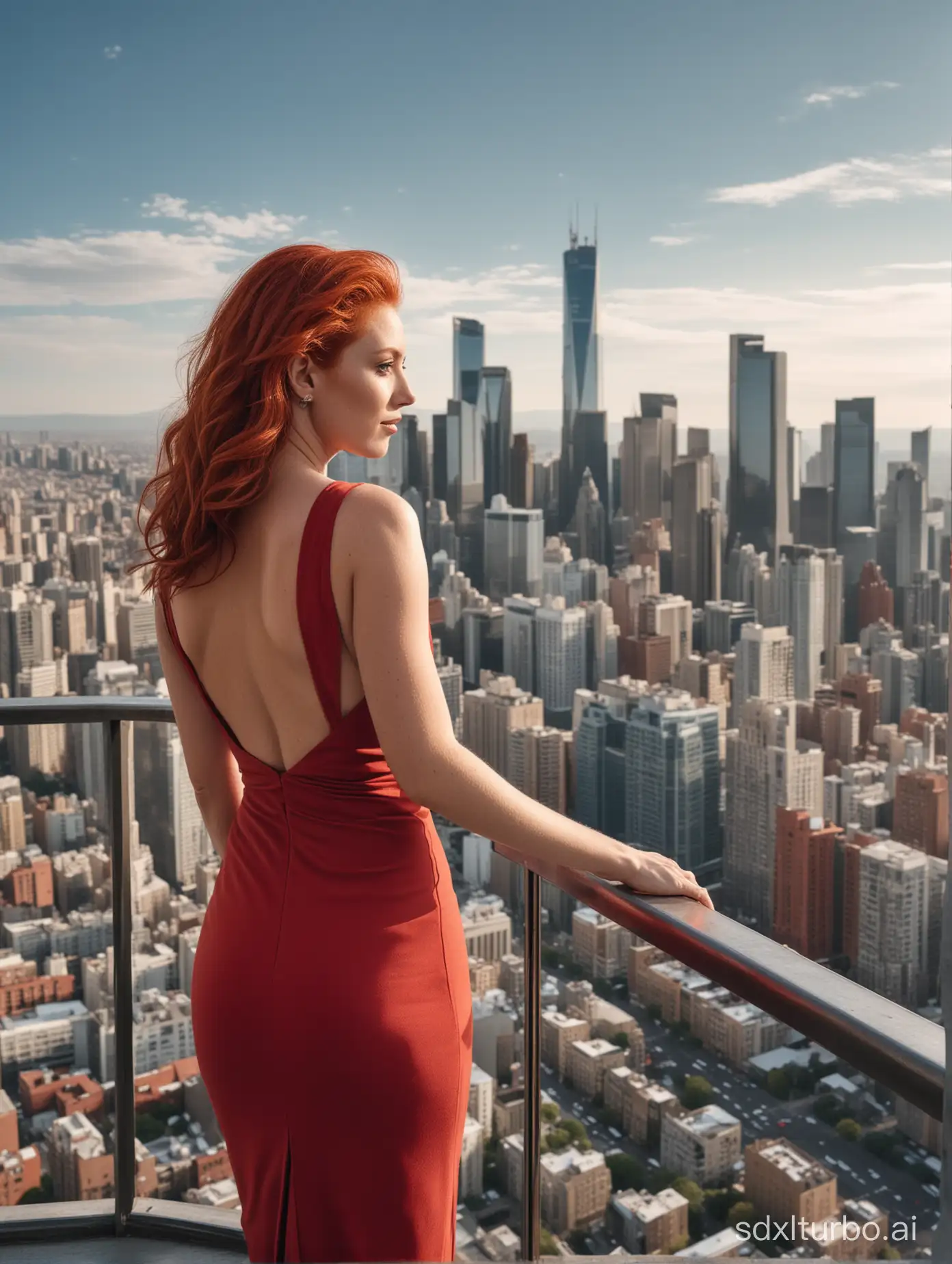 In the image, a woman with vibrant red hair is the central figure, standing on a balcony overlooking a cityscape. She is elegantly dressed in a red dress that contrasts with the city's skyline. The woman is positioned on the right side of the image, her back facing the camera, giving a clear view of her back and shoulders. The cityscape behind her is a mix of tall buildings, including a prominent skyscraper, with a clear blue sky and a few clouds in the distance.