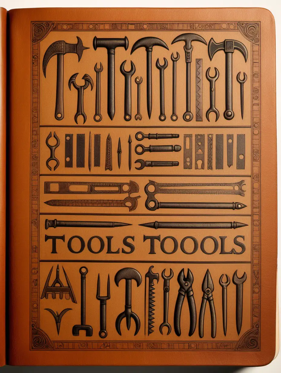 front aligned view of the narrow border of small designs on a blank book covered in leather in the theme "tools"
