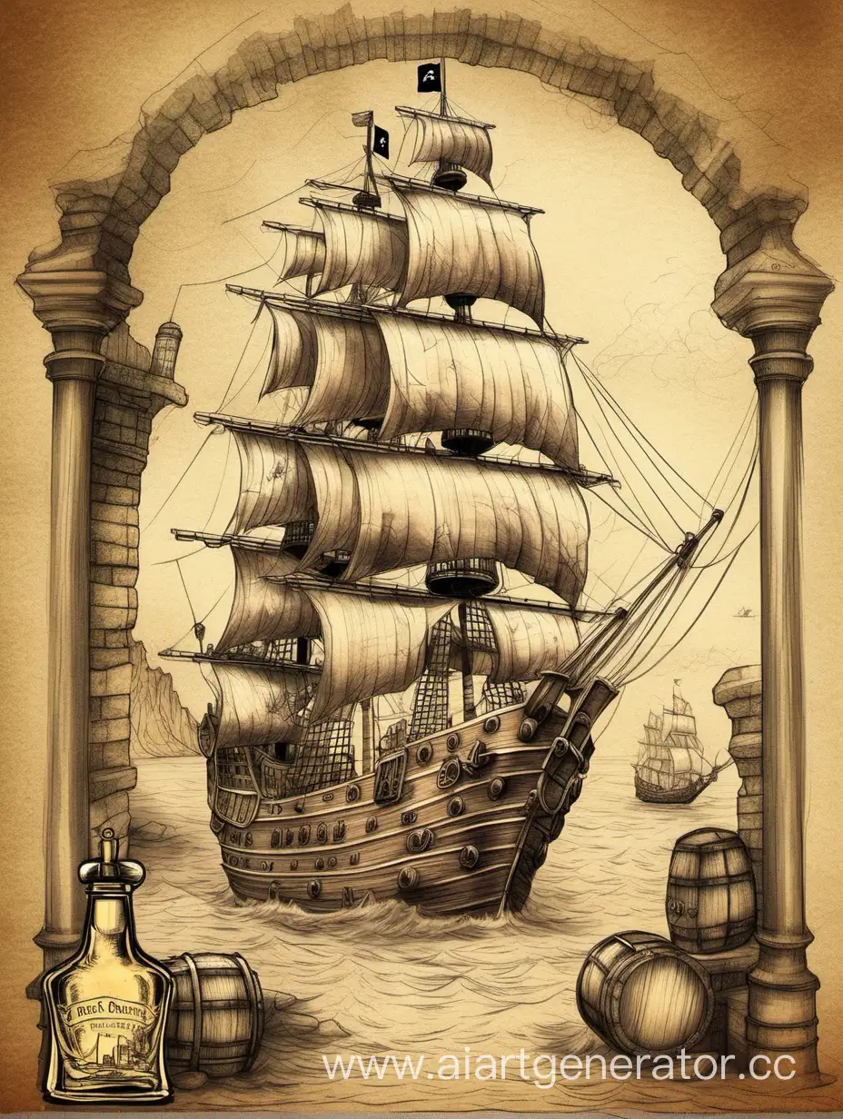 Label on bottle, pirate ship, ancient castle, port, pirates, rum, pencil drawing, beige tones, D.Don