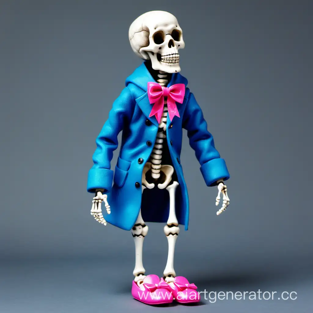a skeleton with blue coat and pink slippers