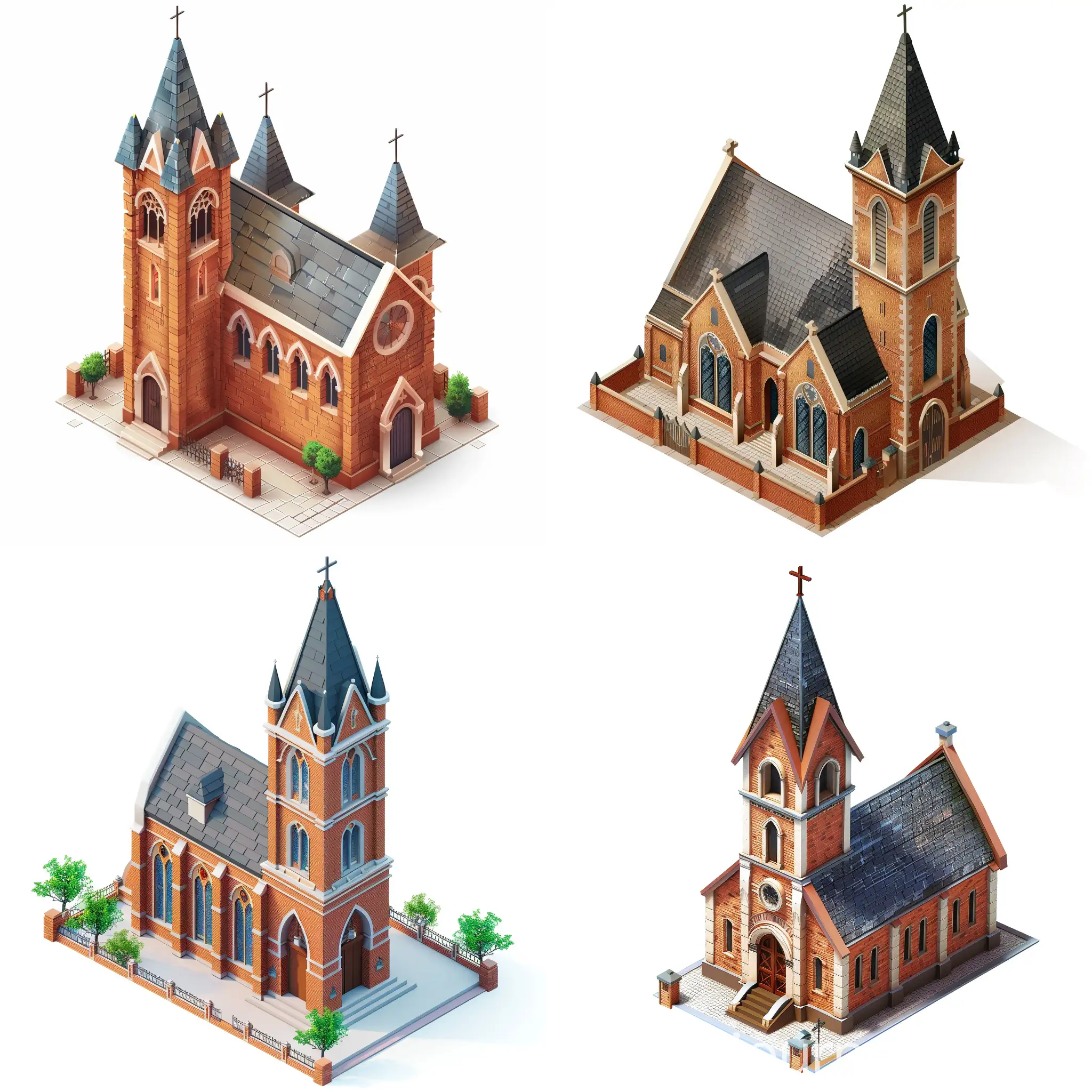 Isometric-Neogothic-Brick-Church-on-White-Background