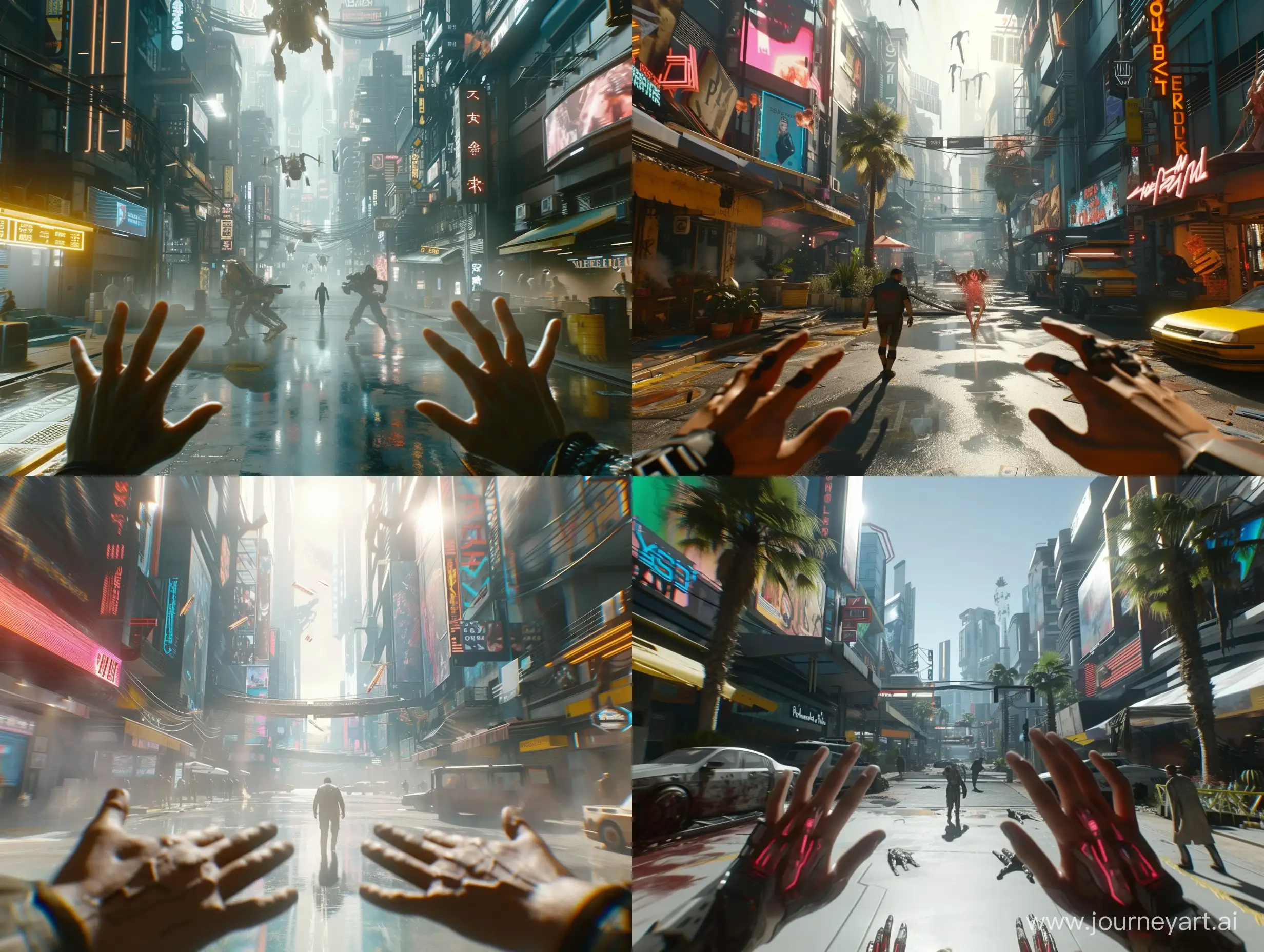 The third-person video game "Cyberpunk 2077" features gameplay where the player walks through a futuristic city with visible hands at the bottom of the screen and enhanced ray tracing effects. This version of the game is designed for the PS5 platform.

