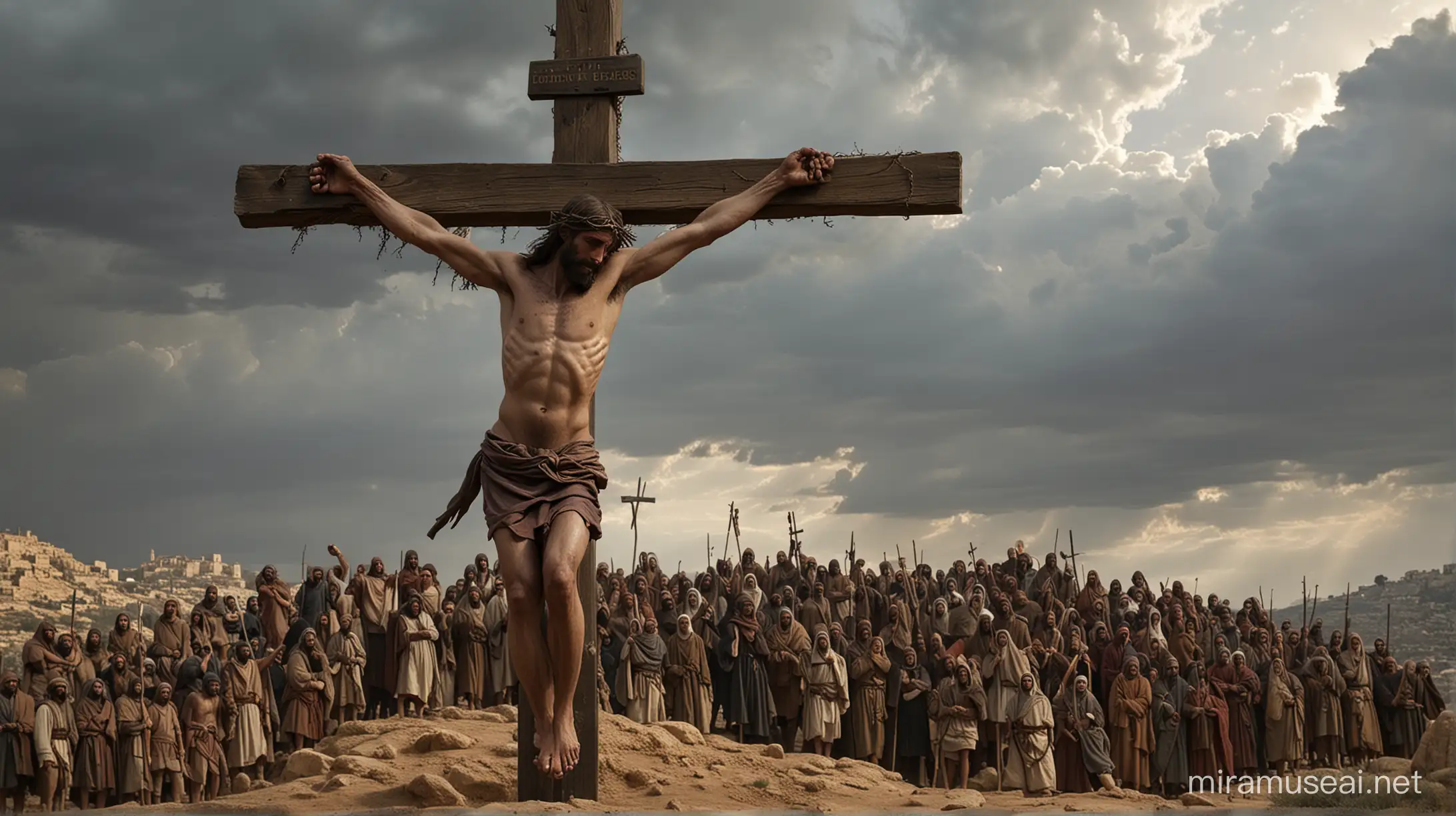 Ultrarealistic Depiction of Jesus Christs Crucifixion with Thieves on Rugged Hill