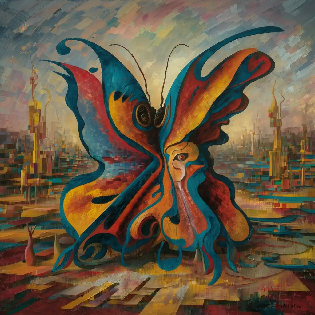 Colorful Abstract Oil Painting of a Distorted Butterfly by Pablo Picasso