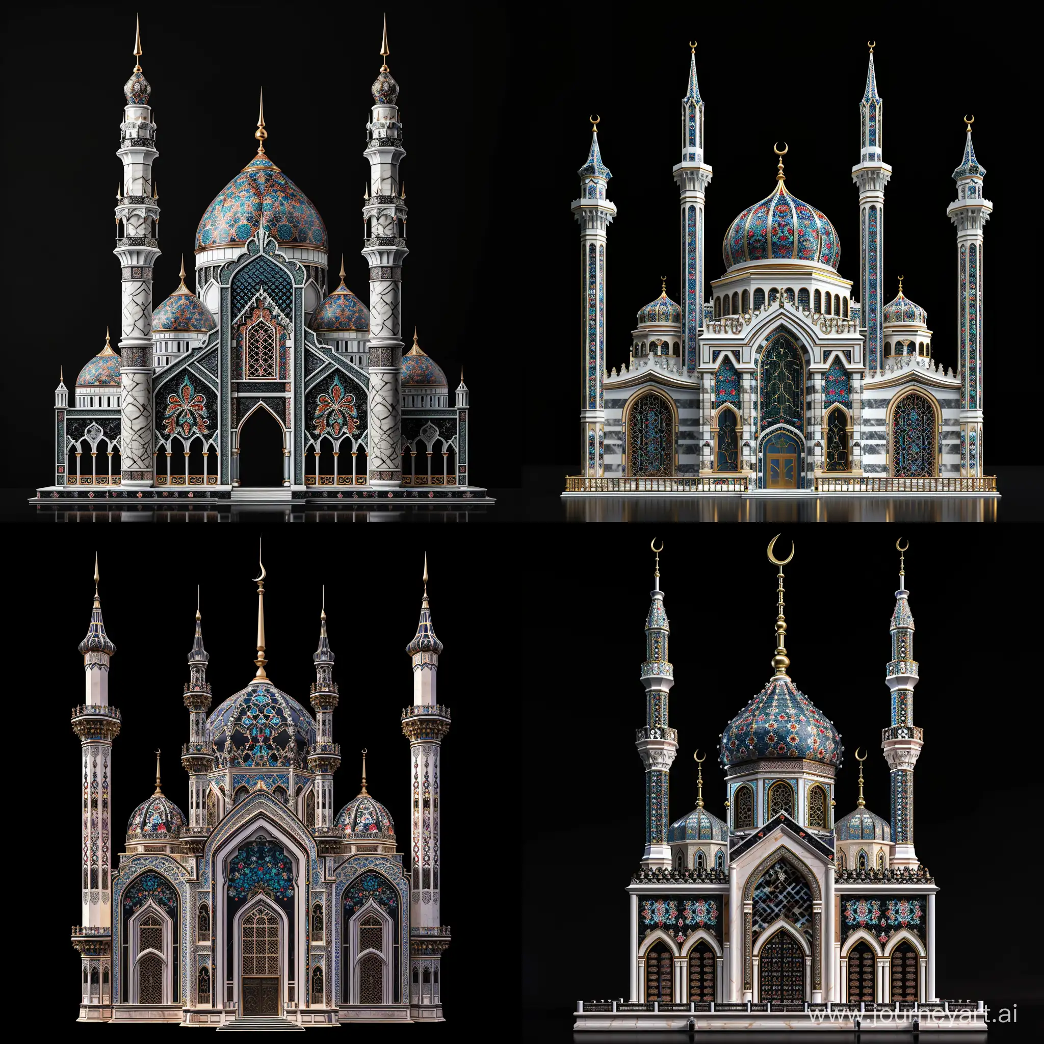 3d rendered: A highly ornamented Tall Umayyad architecture mosque, thin decorative spires amd minarets, White black caramel marbled facade, blue red finely thin floral Persian tiles on spandrels, islamic openwork lattice windows, shiny gold finial, multi storey, black background, full view, front view, symmetric --v 6