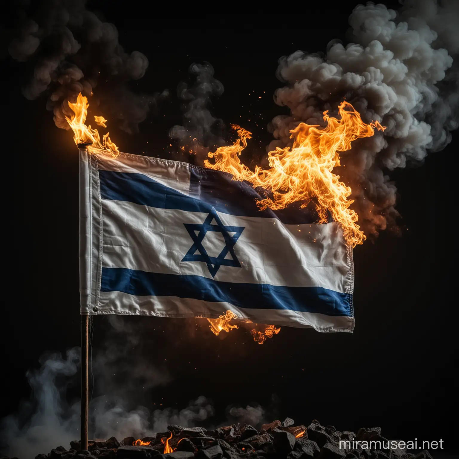 An image of a burning Israeli flag on a black background with bokeh and fire smoke