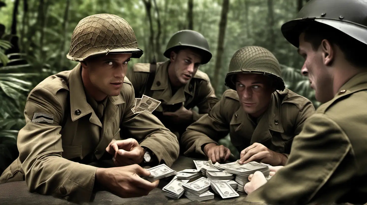 a real life picture image in the jungle, a group of soldiers playing poker in the background, and a very handsome american world war two soldier handing over cash to another american world war two soldier to purchase a little tiny yorkshire terrior