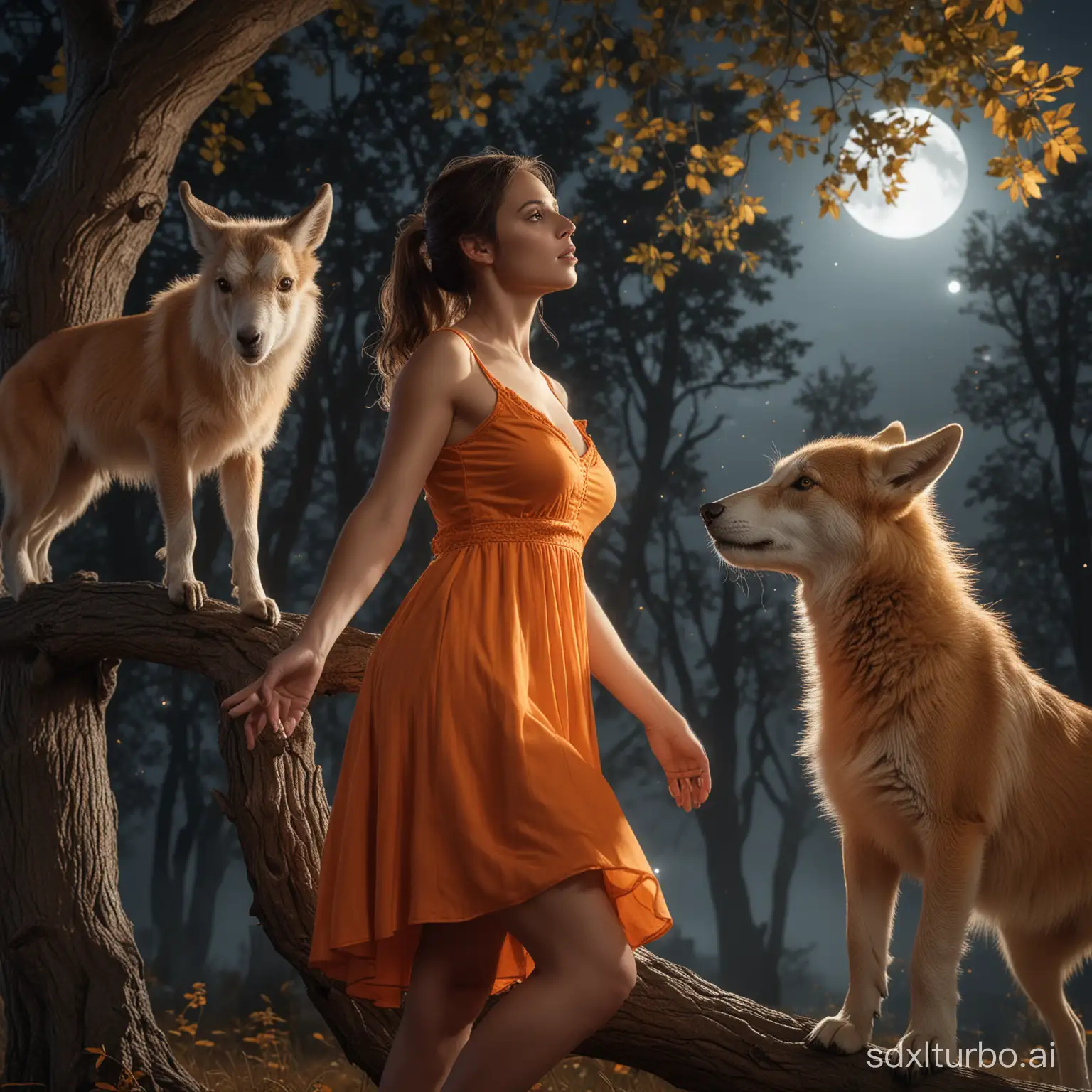 Hyper-Realistic-Young-Woman-in-Orange-Dress-Leaning-on-Tree-Surrounded-by-Spirit-Wolves-Under-Moonlit-Sky