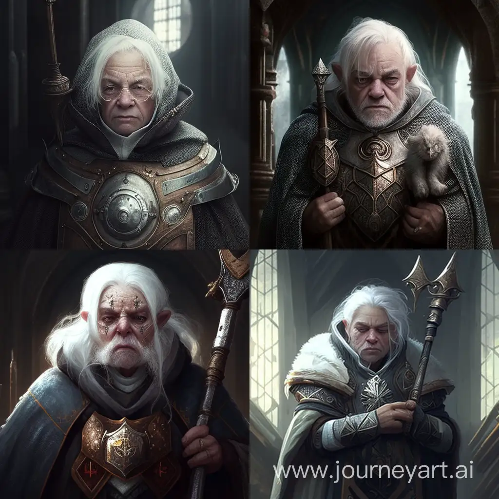 Halfling-Priest. Armor and weapon are hidden under the dirty hood. Many saint relics and croses. White hair and beautiful face. Old mace and shield