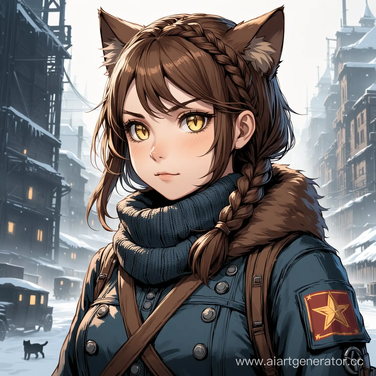 Catgirl-with-Brown-Hair-and-Communist-Aesthetic-in-Frostpunk-Setting