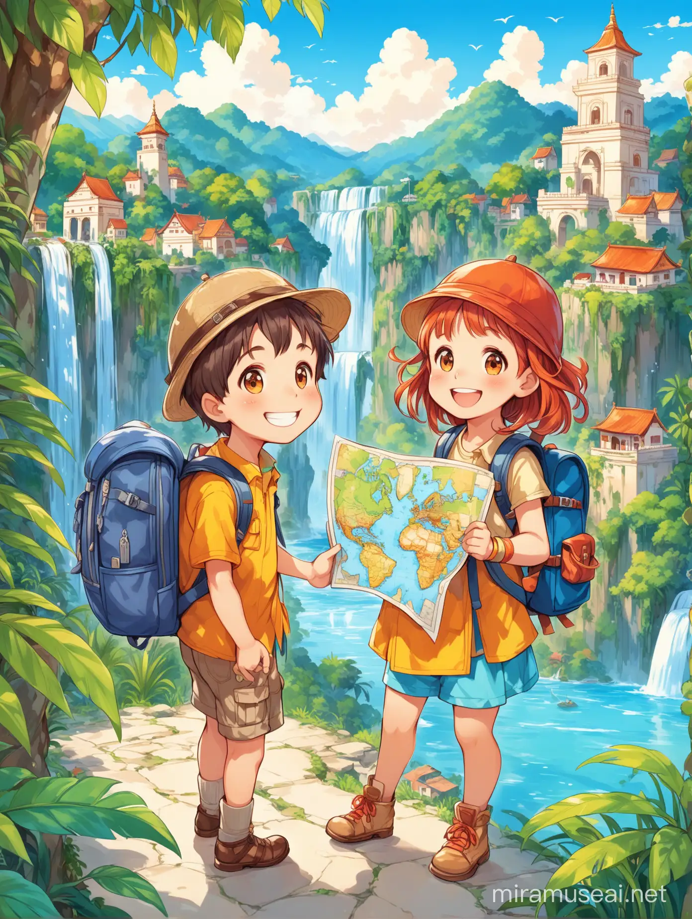 Cartoon small boy and girl, smile travelers, backpack, maps, traveling around the world, happy positive, bright colours, jungle, citys, waterfull, 