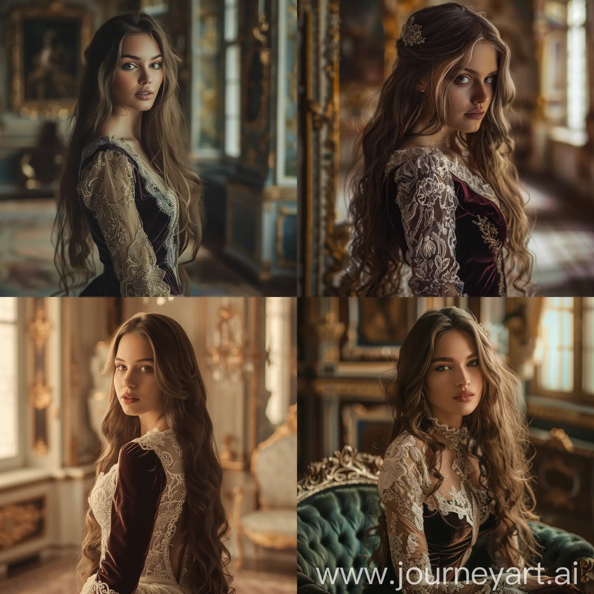  Prompt: beautiful woman, long hair, lace and velvet dress, confident expression, palace room, dynamic, fantasy aesthetic, soft light, 8k,