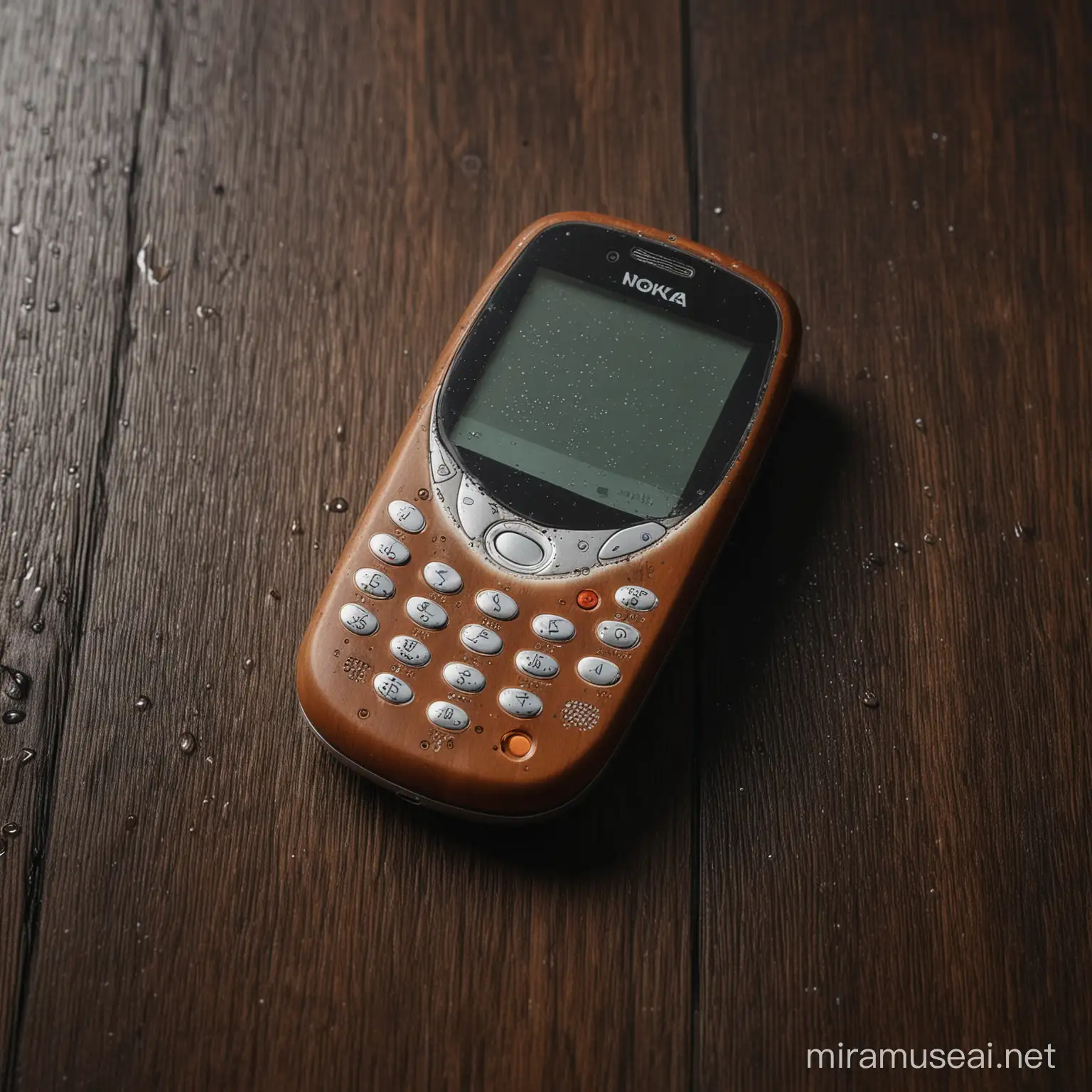 Hyper detailed realistic photography of NOKIA - 3310 series, lying on the wooden floor, simple dark background, reflection, wet floor, the texture and color are very firm and clear,