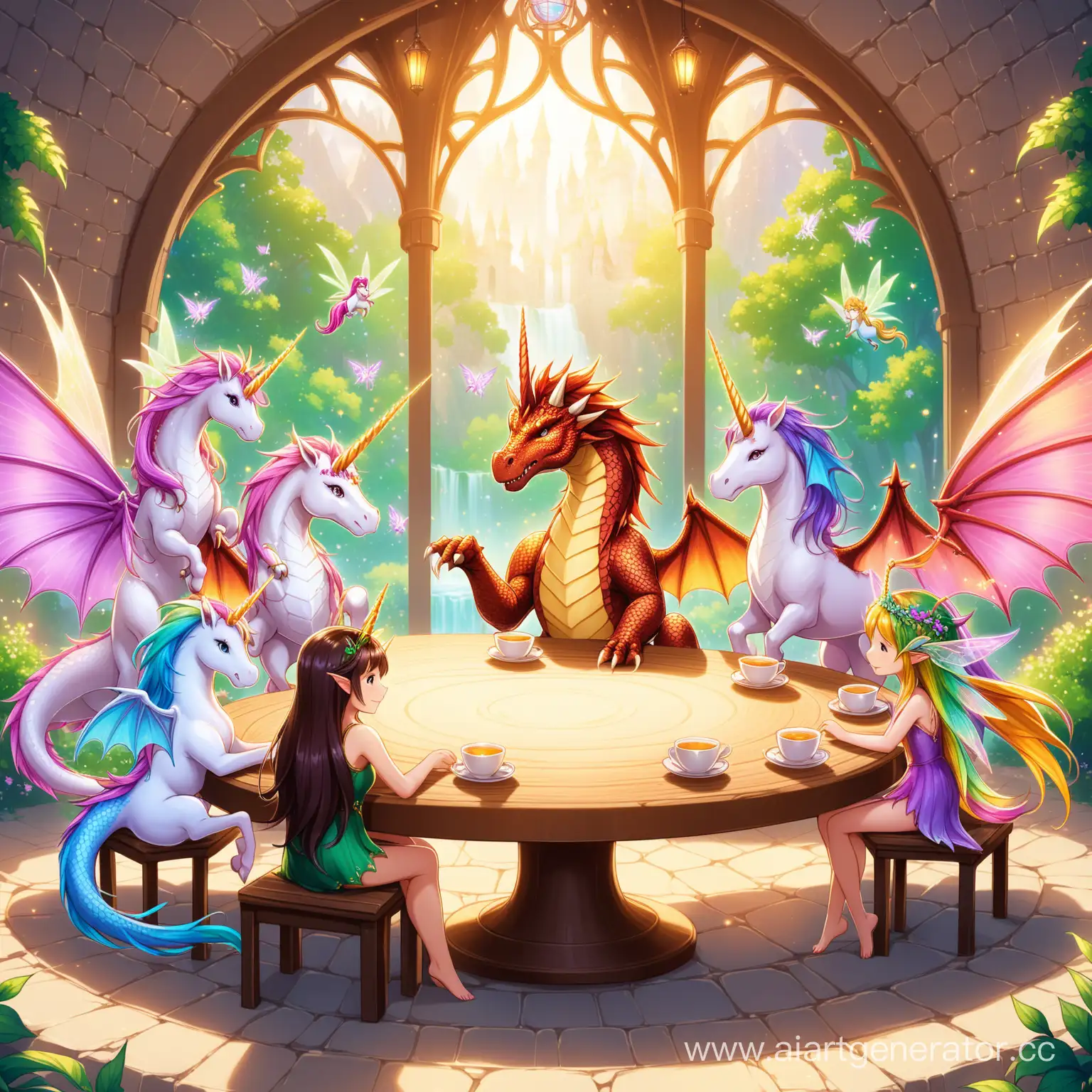 драконы, феи, единороги сидят за круглым столом