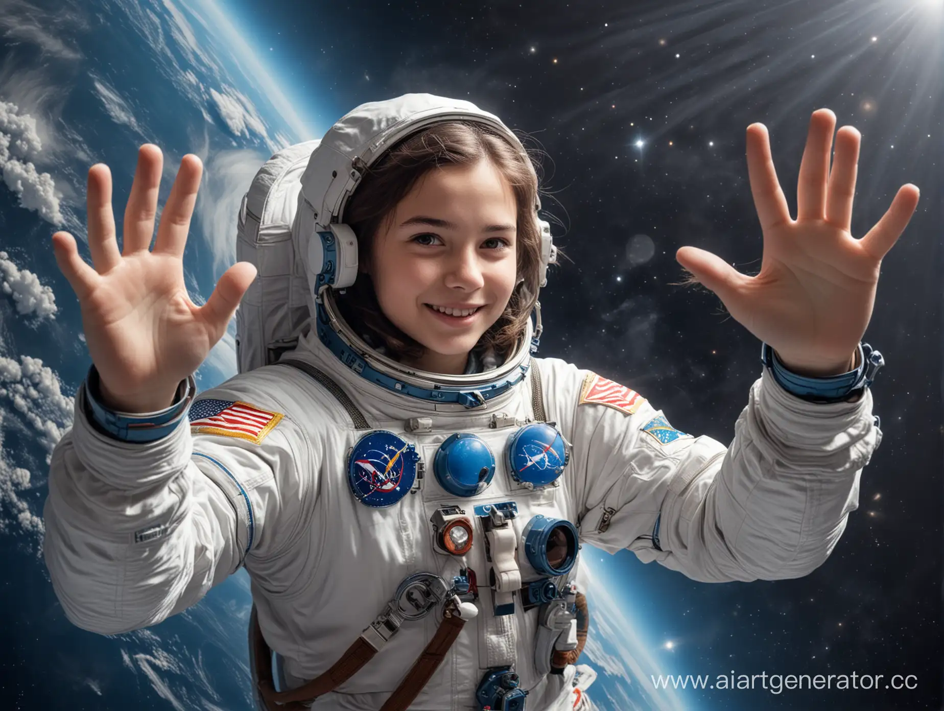 Young-Girl-Cosmonaut-Waving-in-Outer-Space