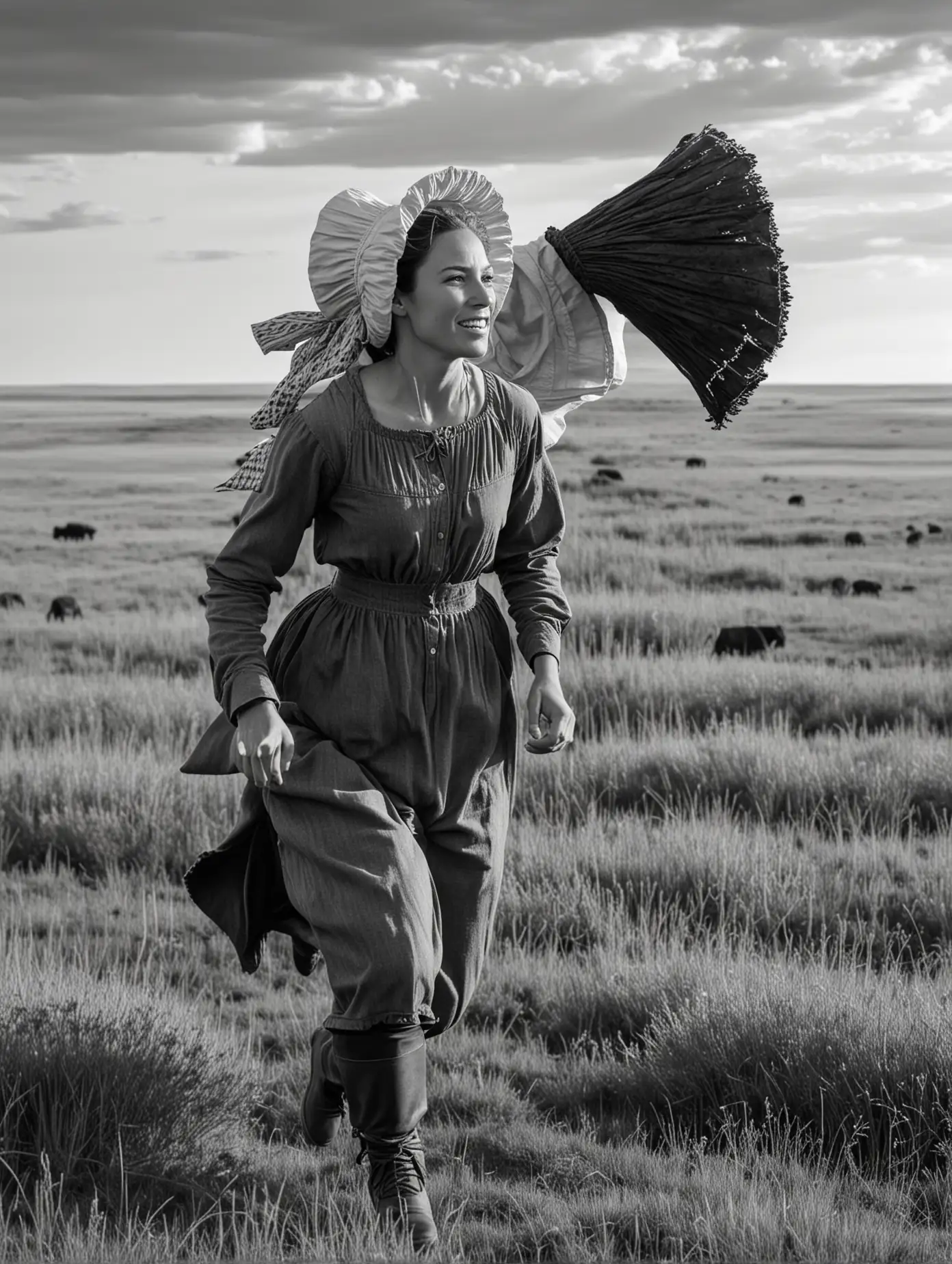 A woman runs through the prairie. She is on the brink of coming to her new land. She is a pioneer and wears a bonnet. There are buffalo in the background. She is seen from the side. In black and white. 