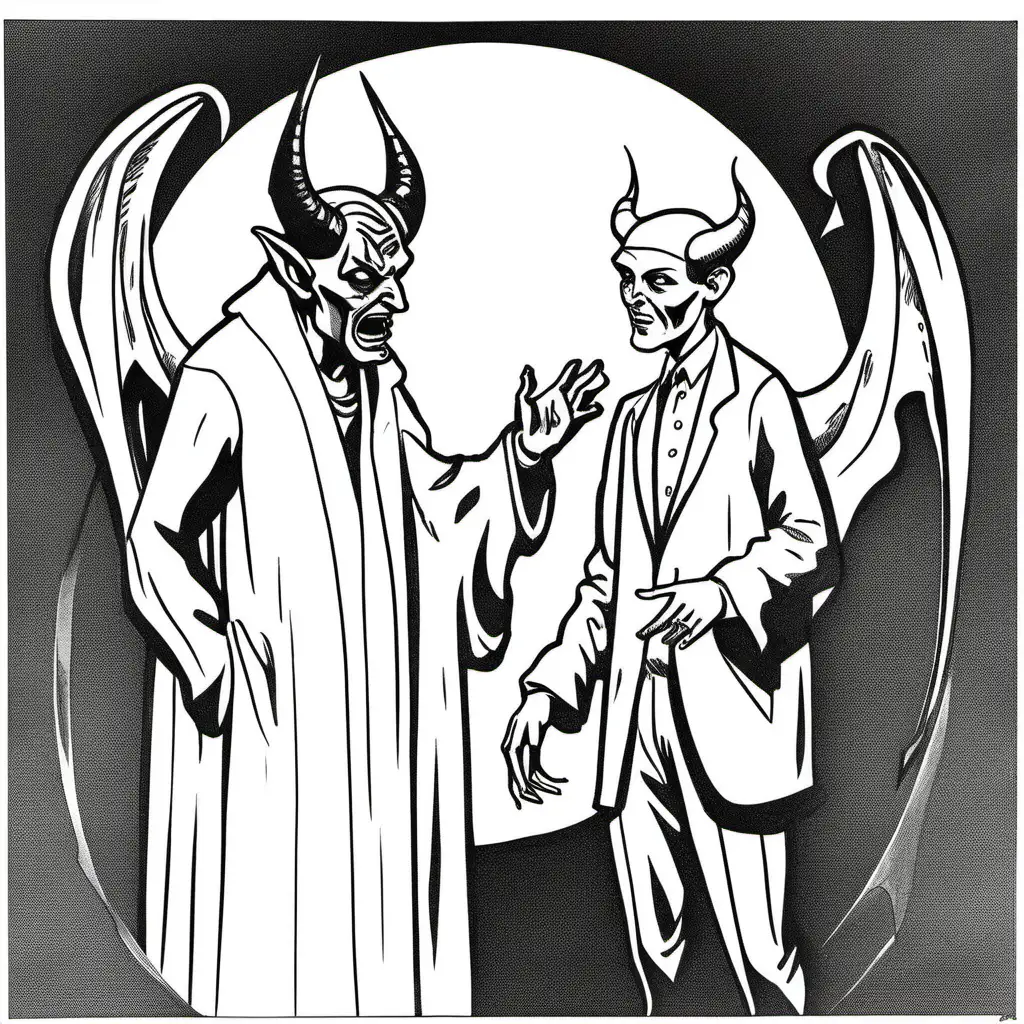 simple black and white drawing of  a man talking to the devil and all dressed in white