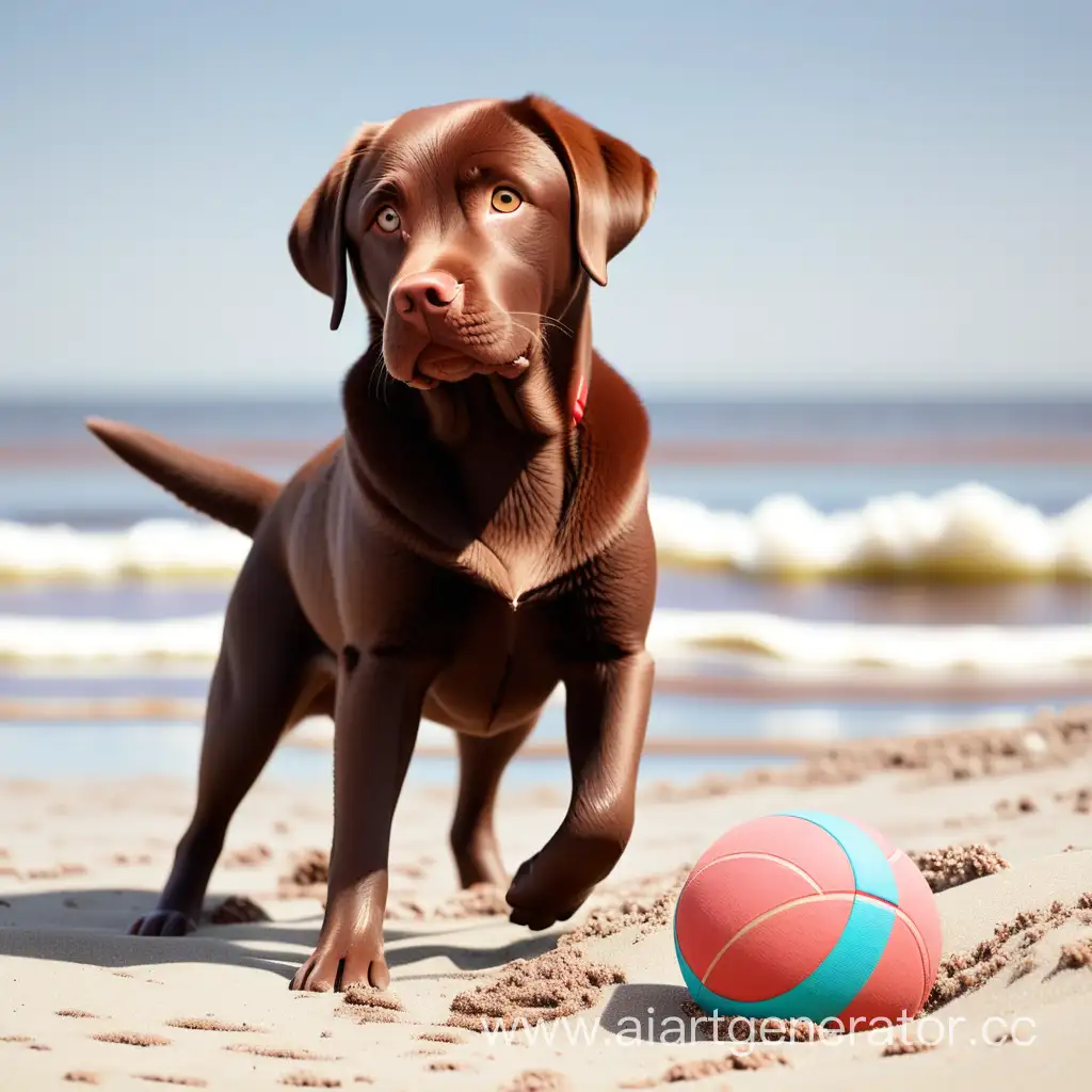 Chocolate Labrador on the beach with a ball