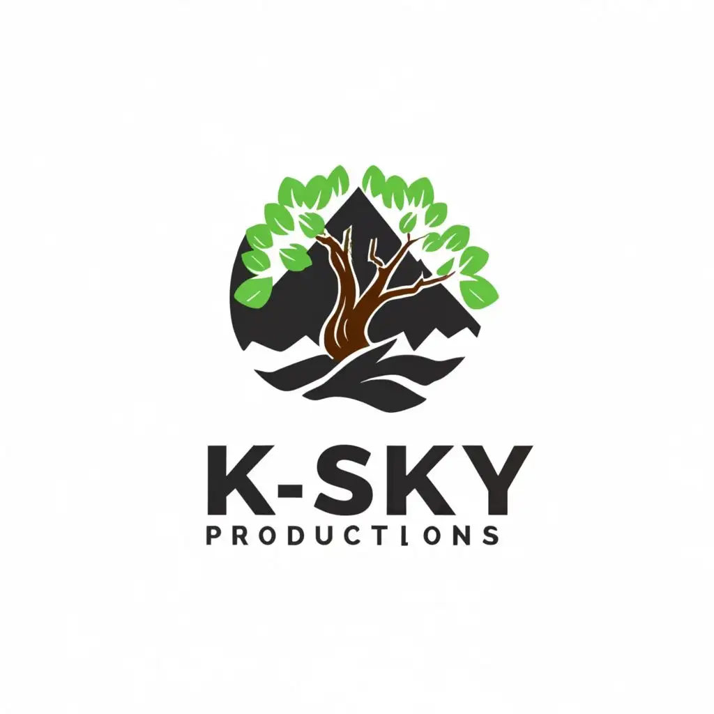a logo design,with the text "K-SKY Productions", main symbol:rock and a tree,Minimalistic,be used in Entertainment industry,clear background
