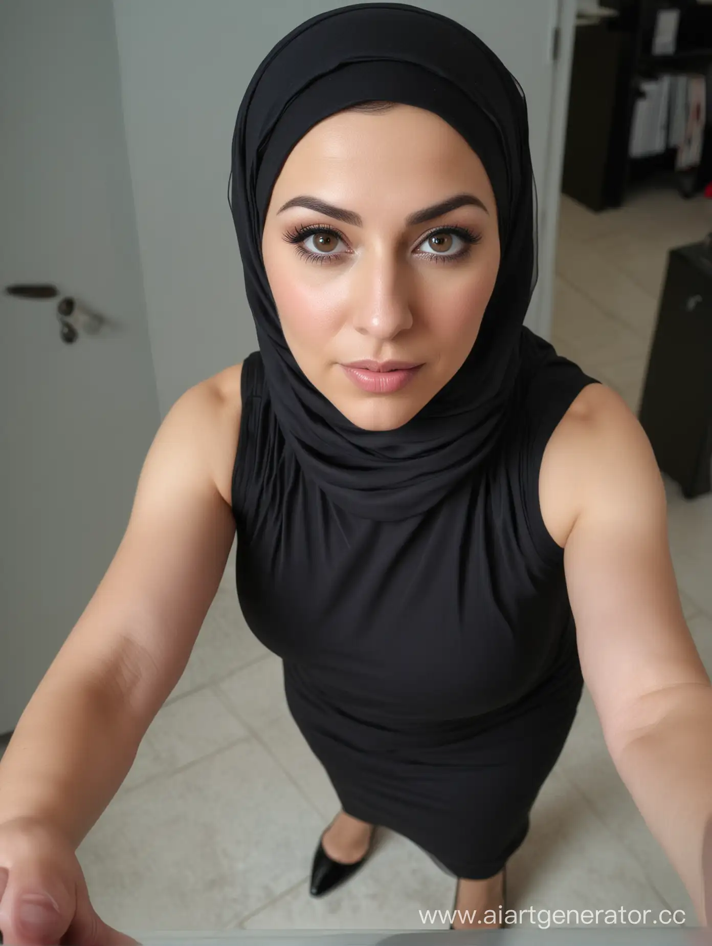 A dwarf woman. 45 years old. She wears a hijab, below knee dress, dark pantyhose, high heels. Office. Make up. Plump body. Curvy body. Kurdish. Her height is 130cm. Close pov shot. Close up. From above. She works on the computer. She has different face. She has small face. Visible nipples.